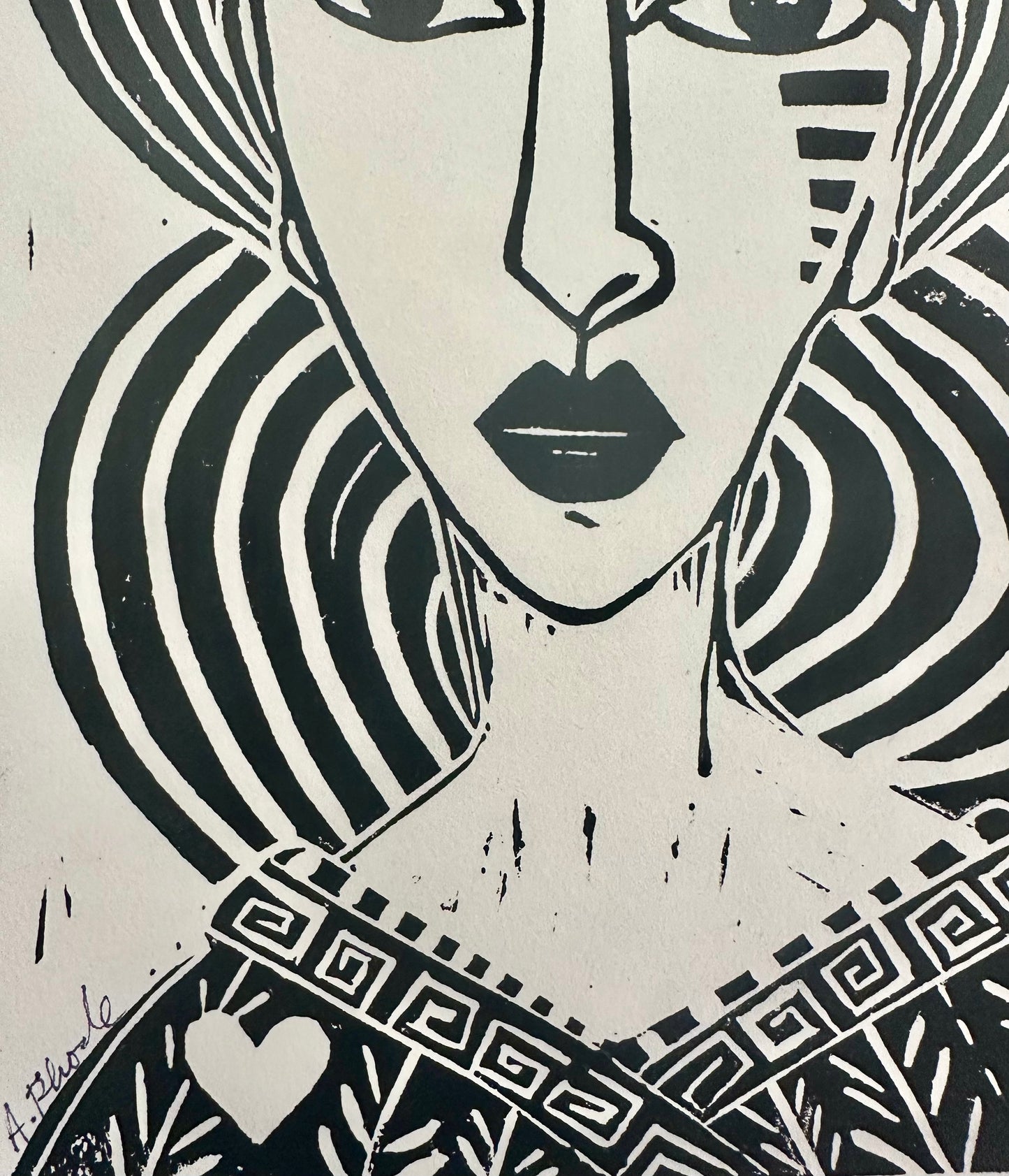 Original, hand-carved & pulled linocut block print - Unframed, 8x10 - Abstract Queen Portrait.