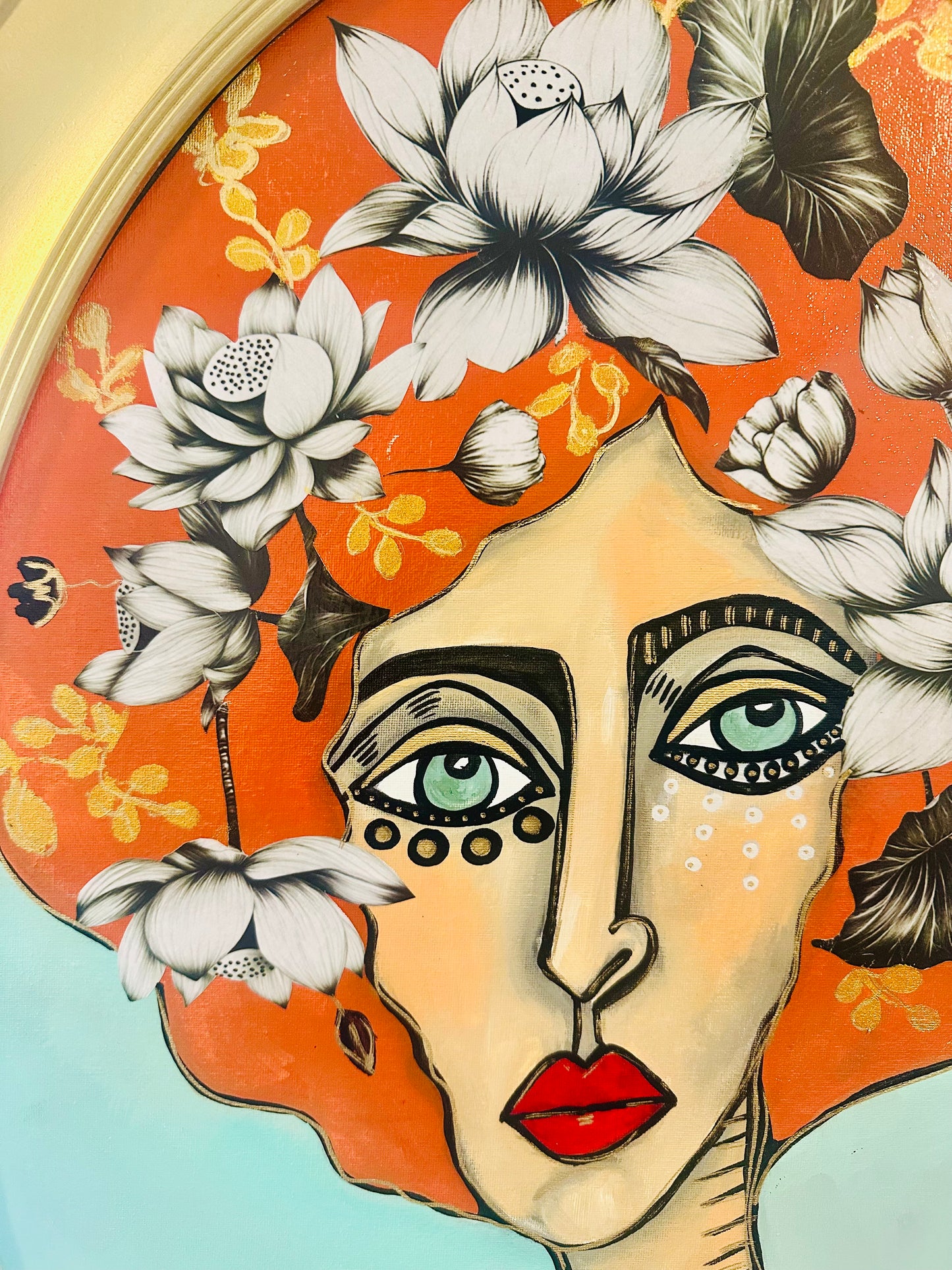Original painting on canvas board-in Unique oval frame-23x31” Portrait-w/ mixed media botanical collage.