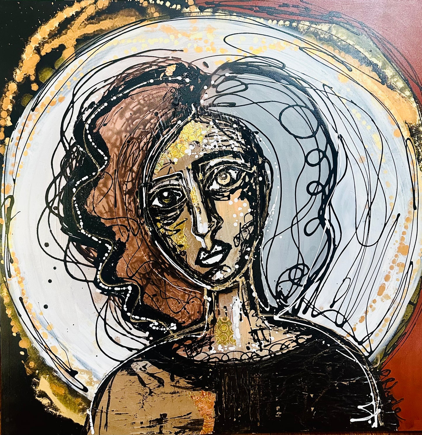 Original painting on black canvas. Approx. 40x40”Abstract portrait w/mixed media collage & metallic ink/gold leaf