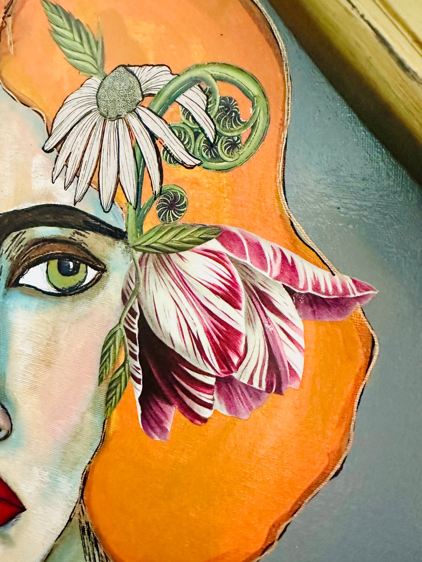 Large Original painting on canvas board - amazing art Deco diamond frame. 26x40” Abstract Portrait w/ mixed media