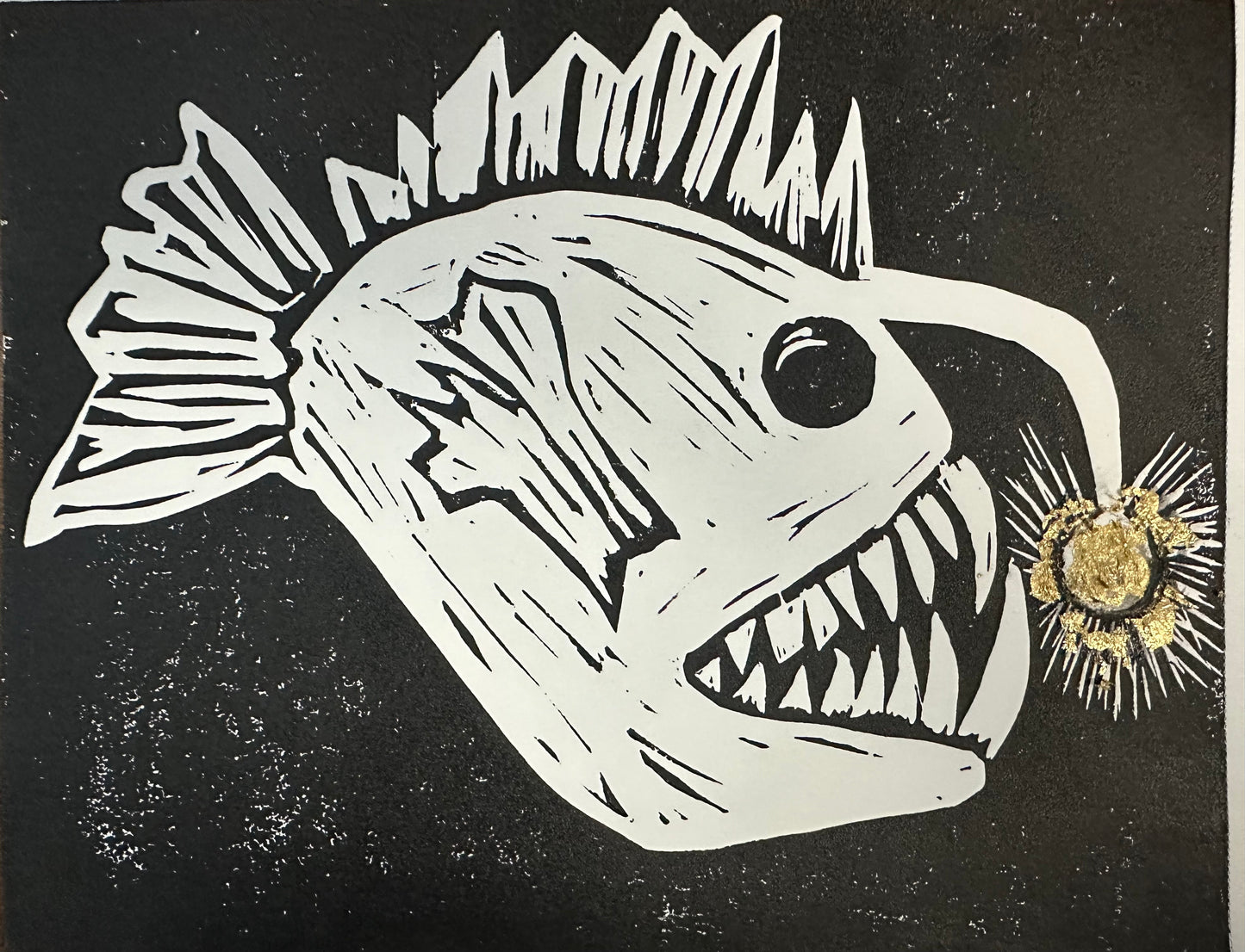 Original, hand-carved & pulled linocut block print - Unframed, 8x10 - Anglerfish w/ gold leaf.