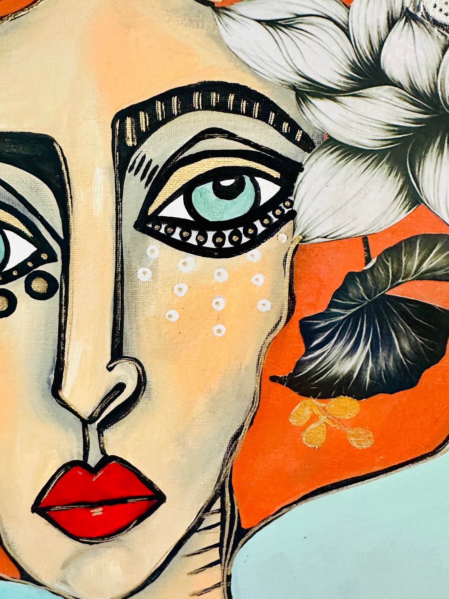 Original painting on canvas board-in Unique oval frame-23x31” Portrait-w/ mixed media botanical collage.