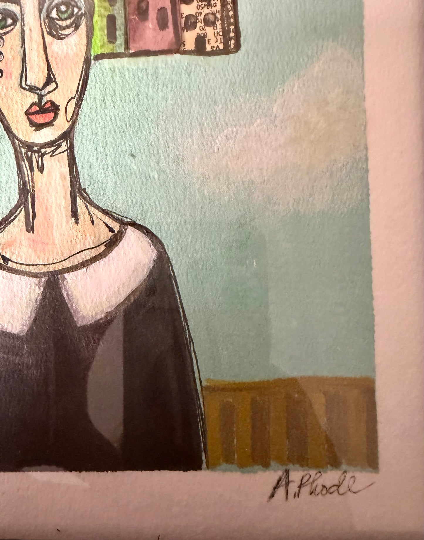 Original,signed painting/mixed media collage portrait on board in black frame, 10x12