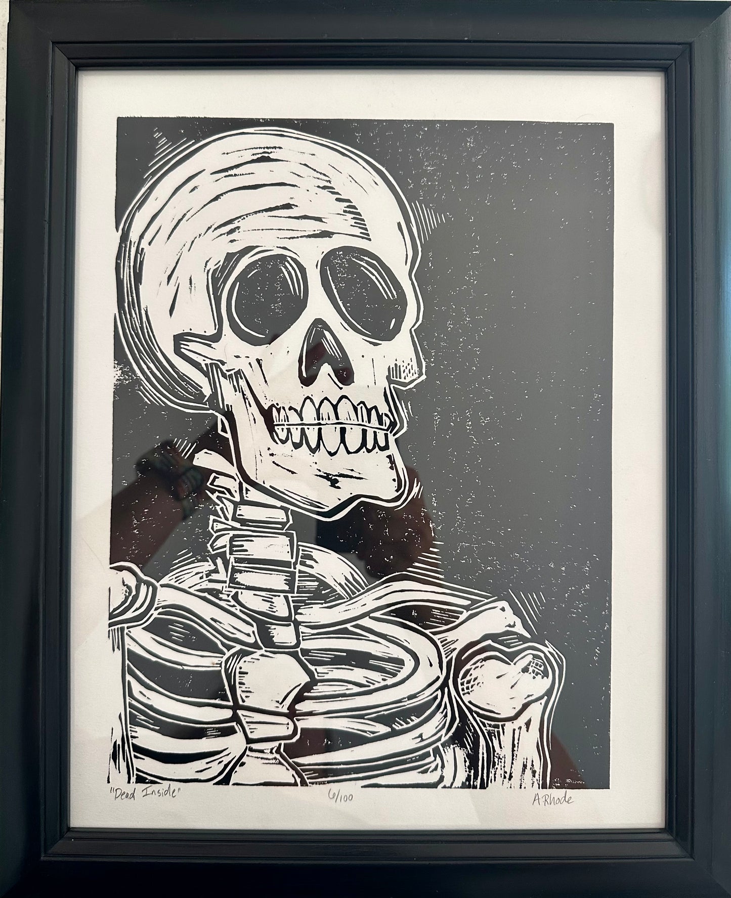 Original, hand-carved & printed linocut block print-in black frame - 13x16 - “dead inside” skelly