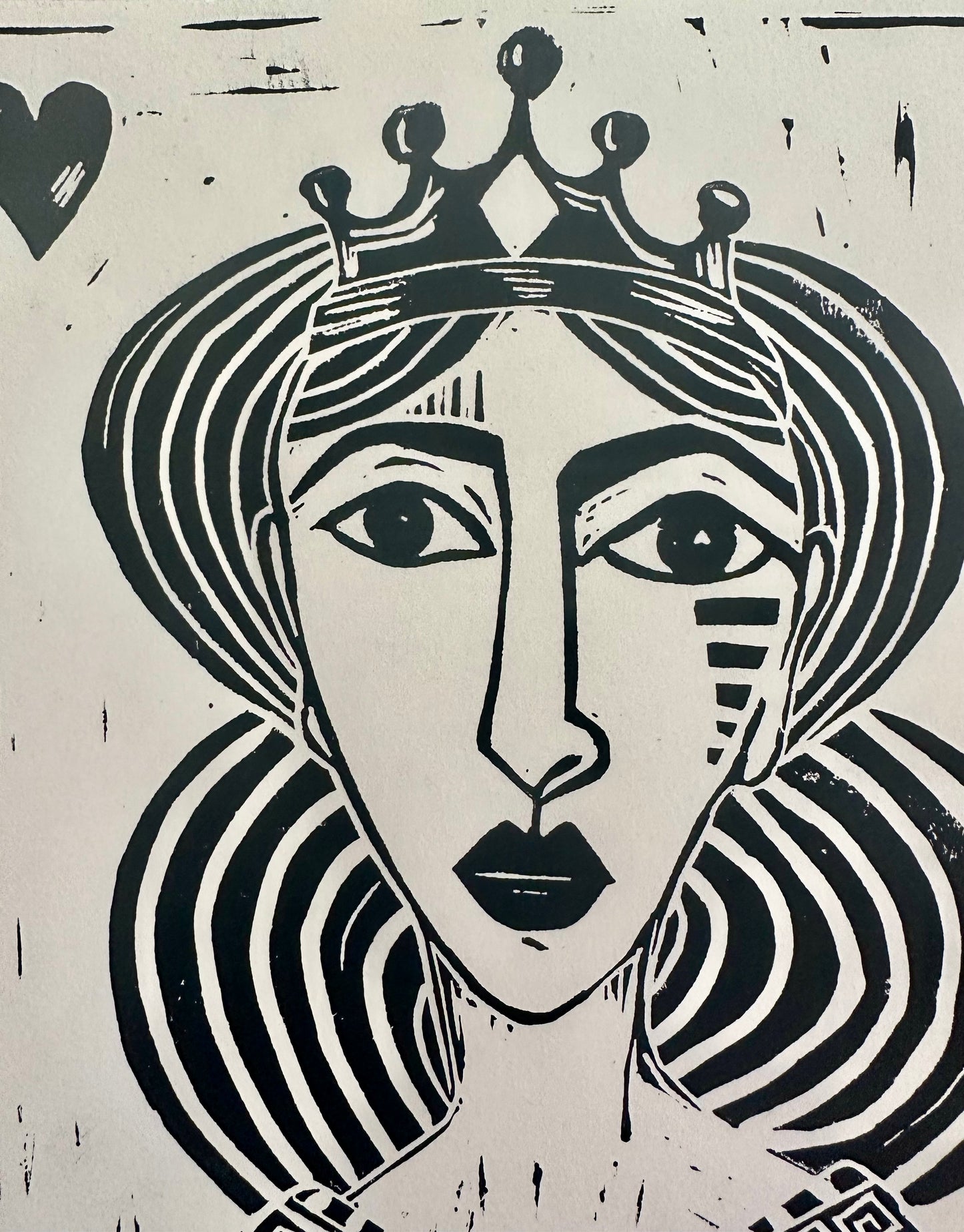 Original, hand-carved & pulled linocut block print - Unframed, 8x10 - Abstract Queen Portrait.