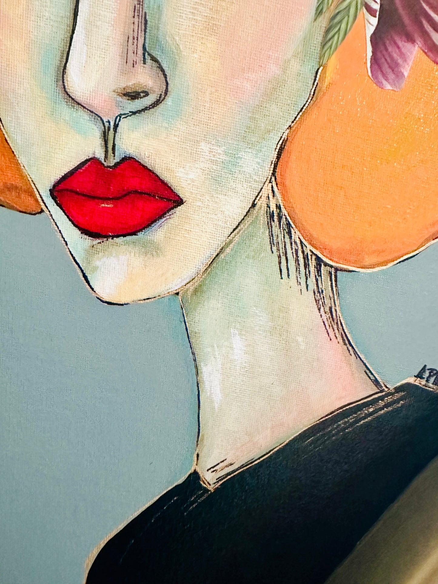 Large Original painting on canvas board - amazing art Deco diamond frame. 26x40” Abstract Portrait w/ mixed media
