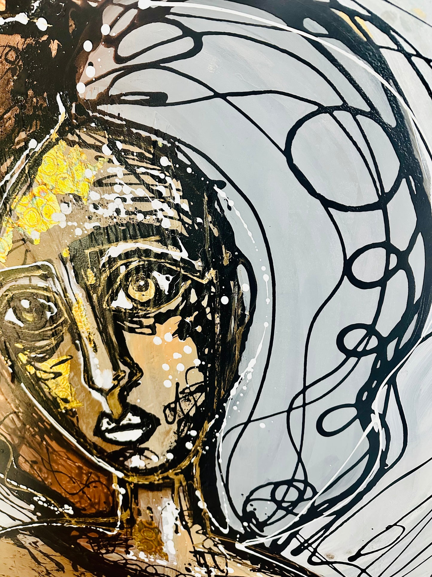 Original painting on black canvas. Approx. 40x40”Abstract portrait w/mixed media collage & metallic ink/gold leaf