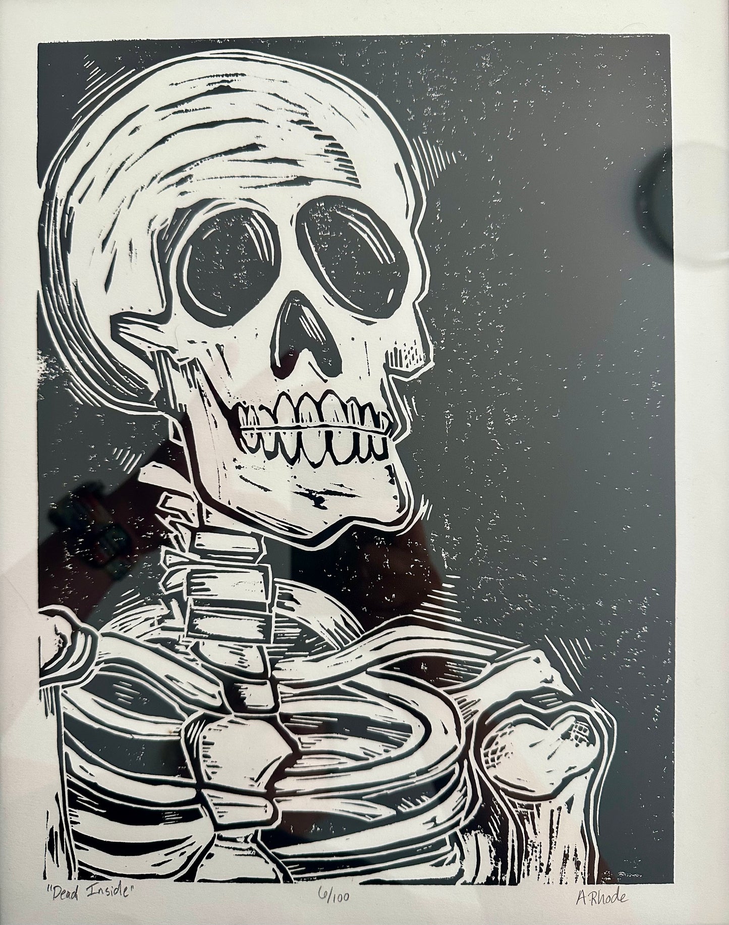 Original, hand-carved & printed linocut block print-in black frame - 13x16 - “dead inside” skelly