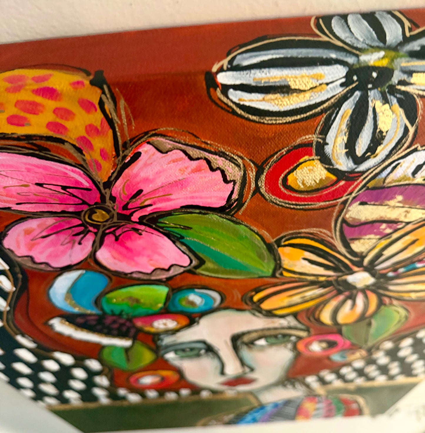 Original, signed painting-18x24”painted, wide edge canvas: Abstract portrait with flowers/mixed media.