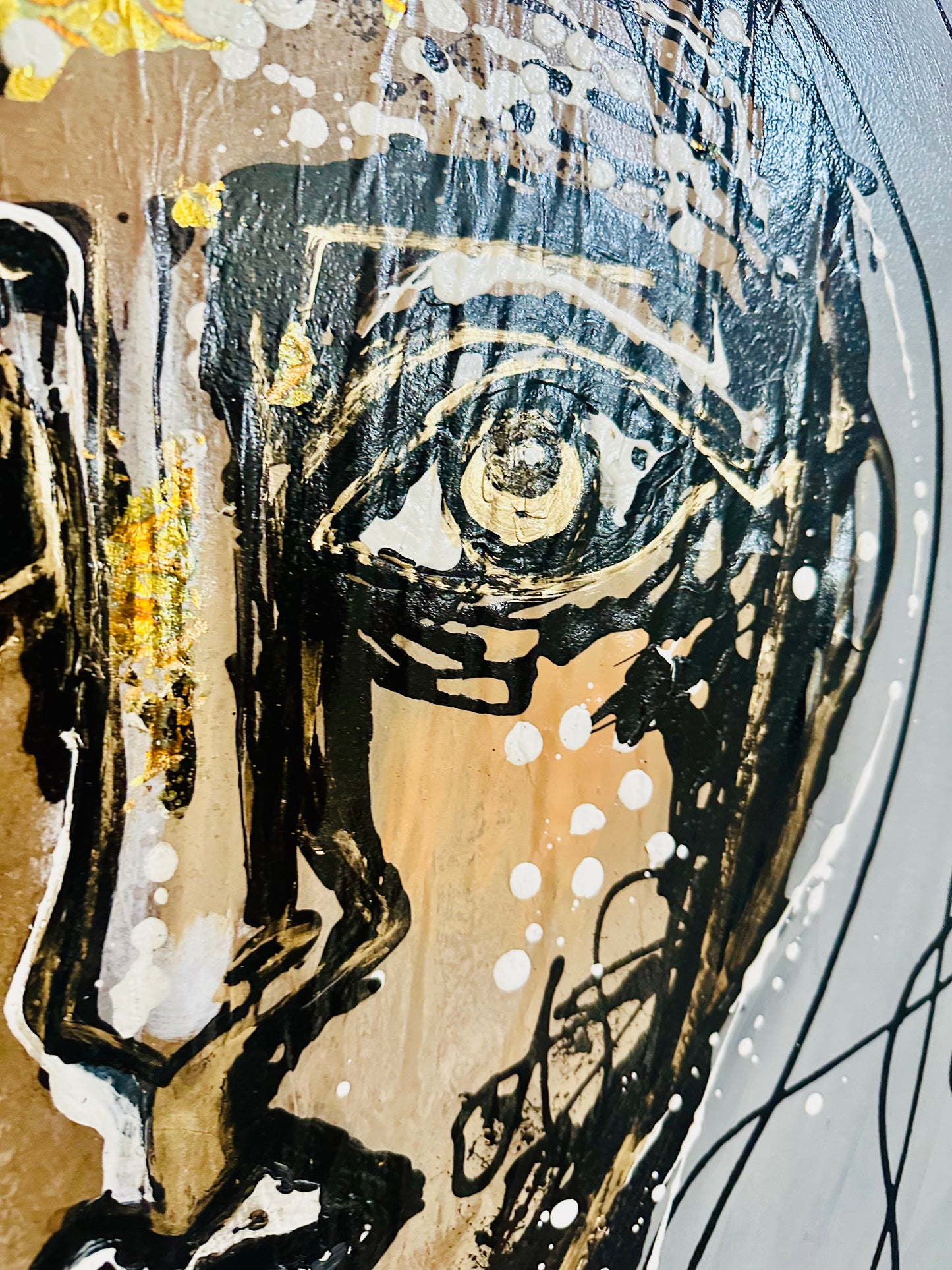 Original painting on black canvas. Approx. 40x40”Abstract portrait w/mixed media collage & metallic ink/gold leaf