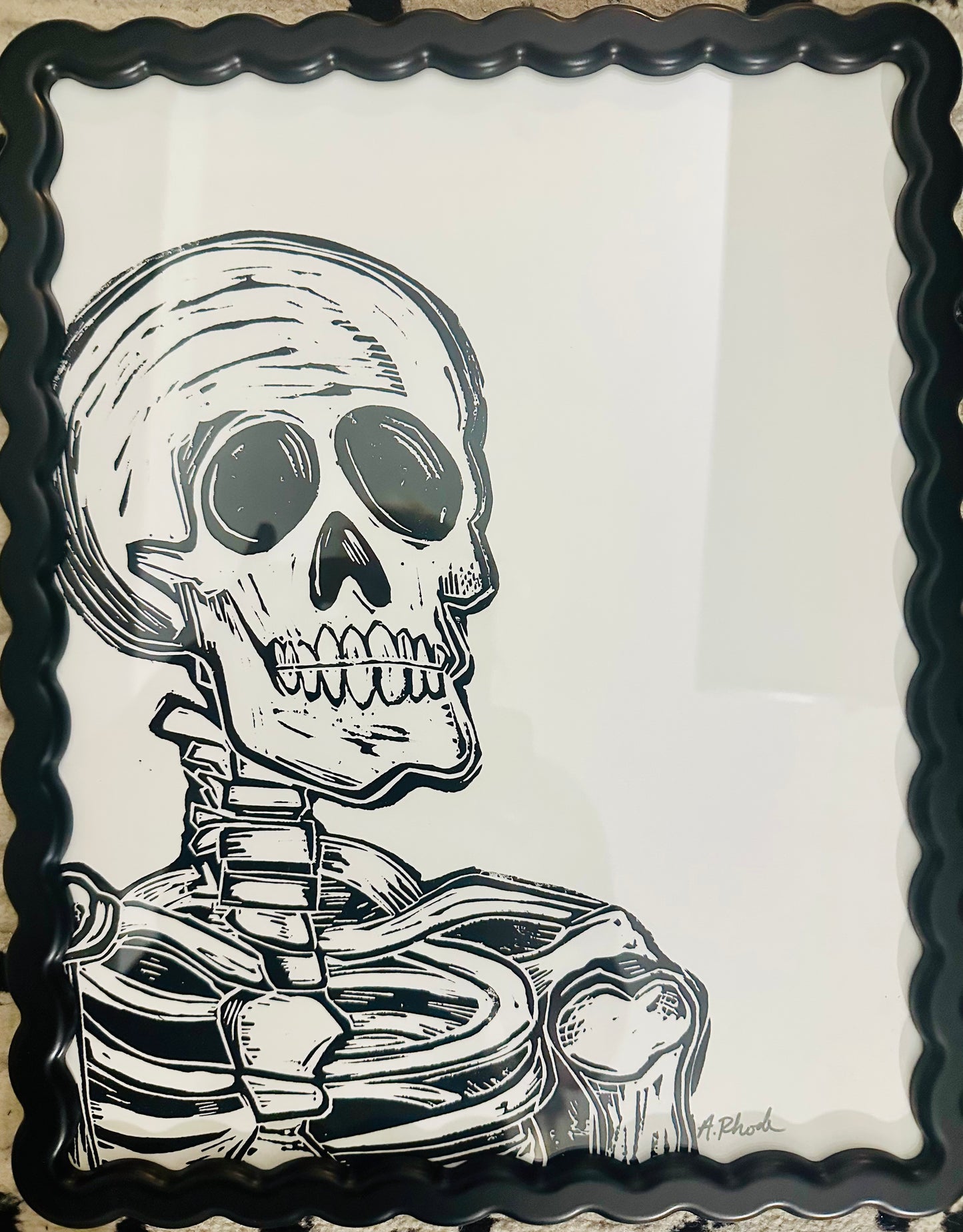Original, hand-carved & printed linocut skelly print-in fun,wavy frame - 12x15