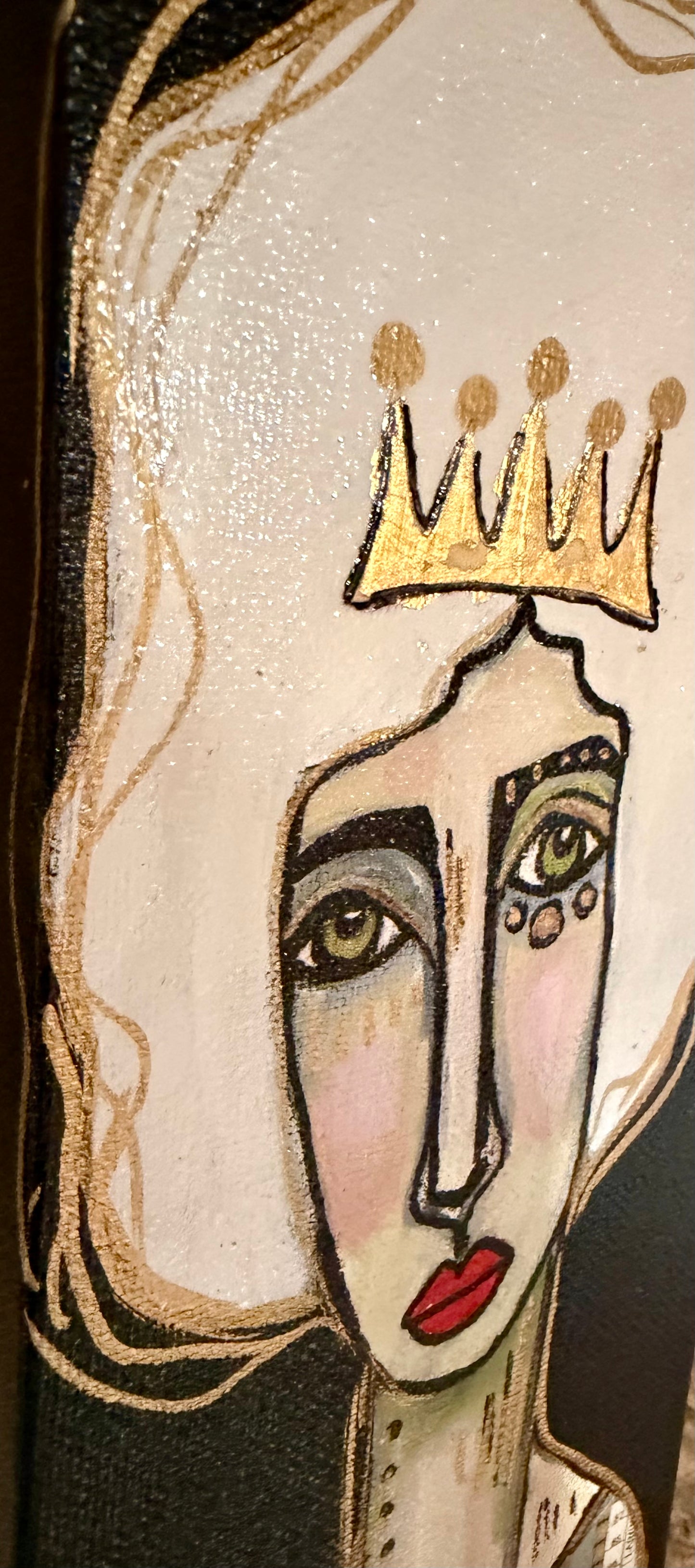 Original, signed mini /slender painting on canvas Abstract portrait w/mixed media 4x12”