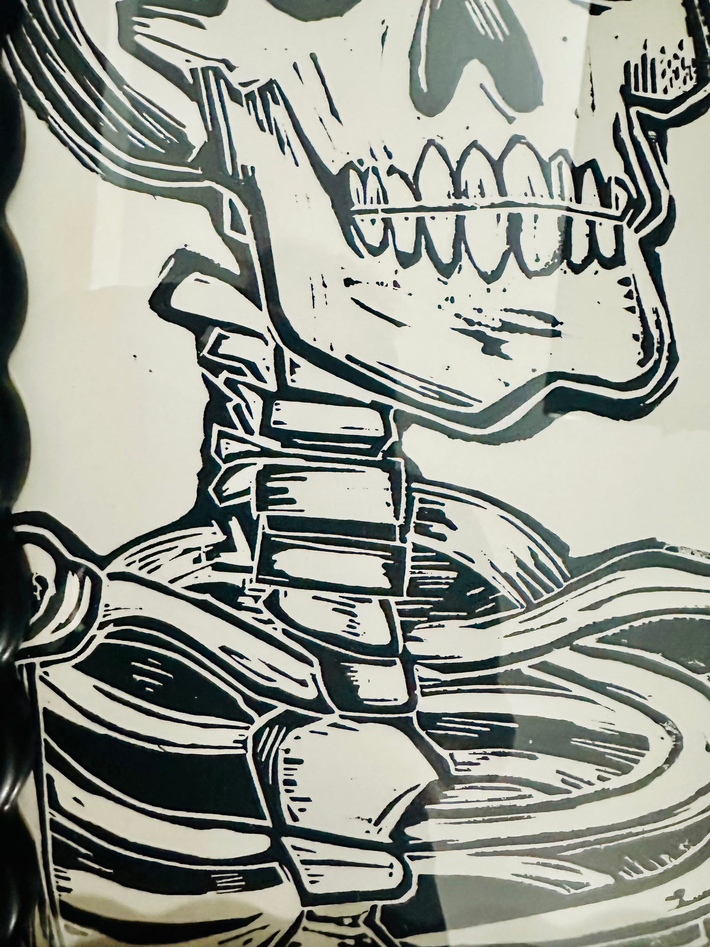 Original, hand-carved & printed linocut skelly print-in fun,wavy frame - 12x15