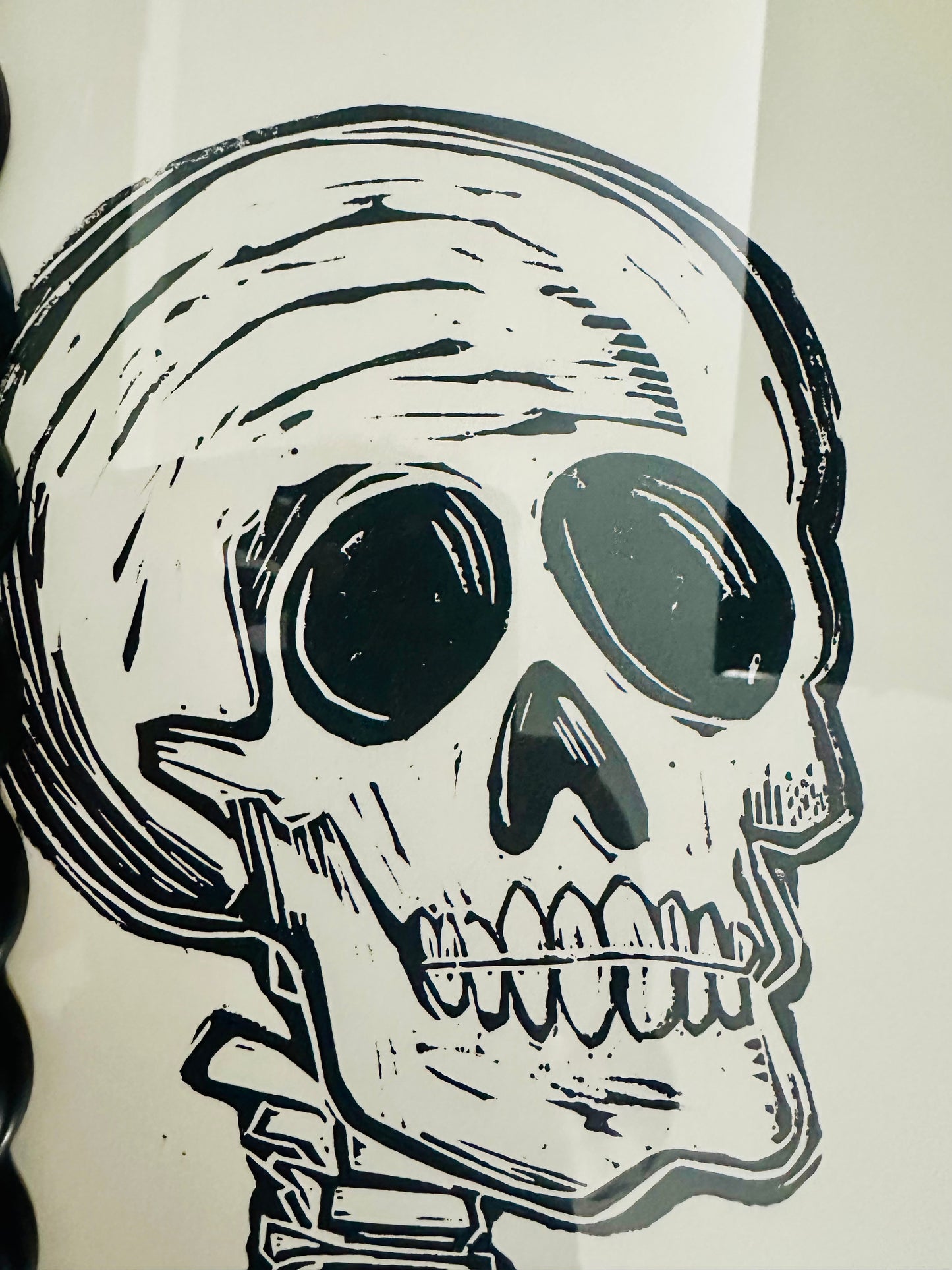 Original, hand-carved & printed linocut skelly print-in fun,wavy frame - 12x15
