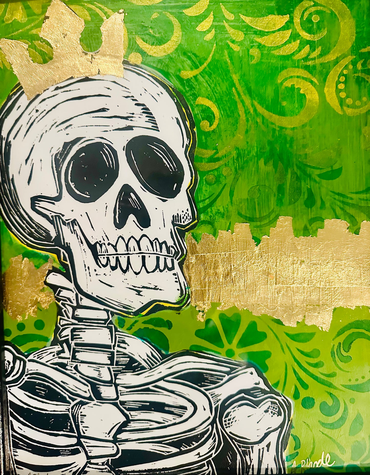 Original, hand-carved & pulled linocut Skelly King block print w/painted & collaged background-in black frame 13x16