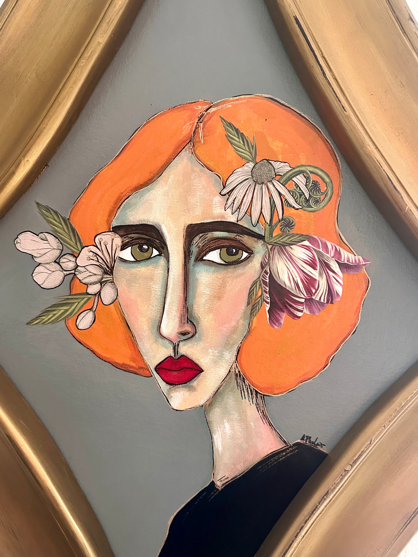 Large Original painting on canvas board - amazing art Deco diamond frame. 26x40” Abstract Portrait w/ mixed media