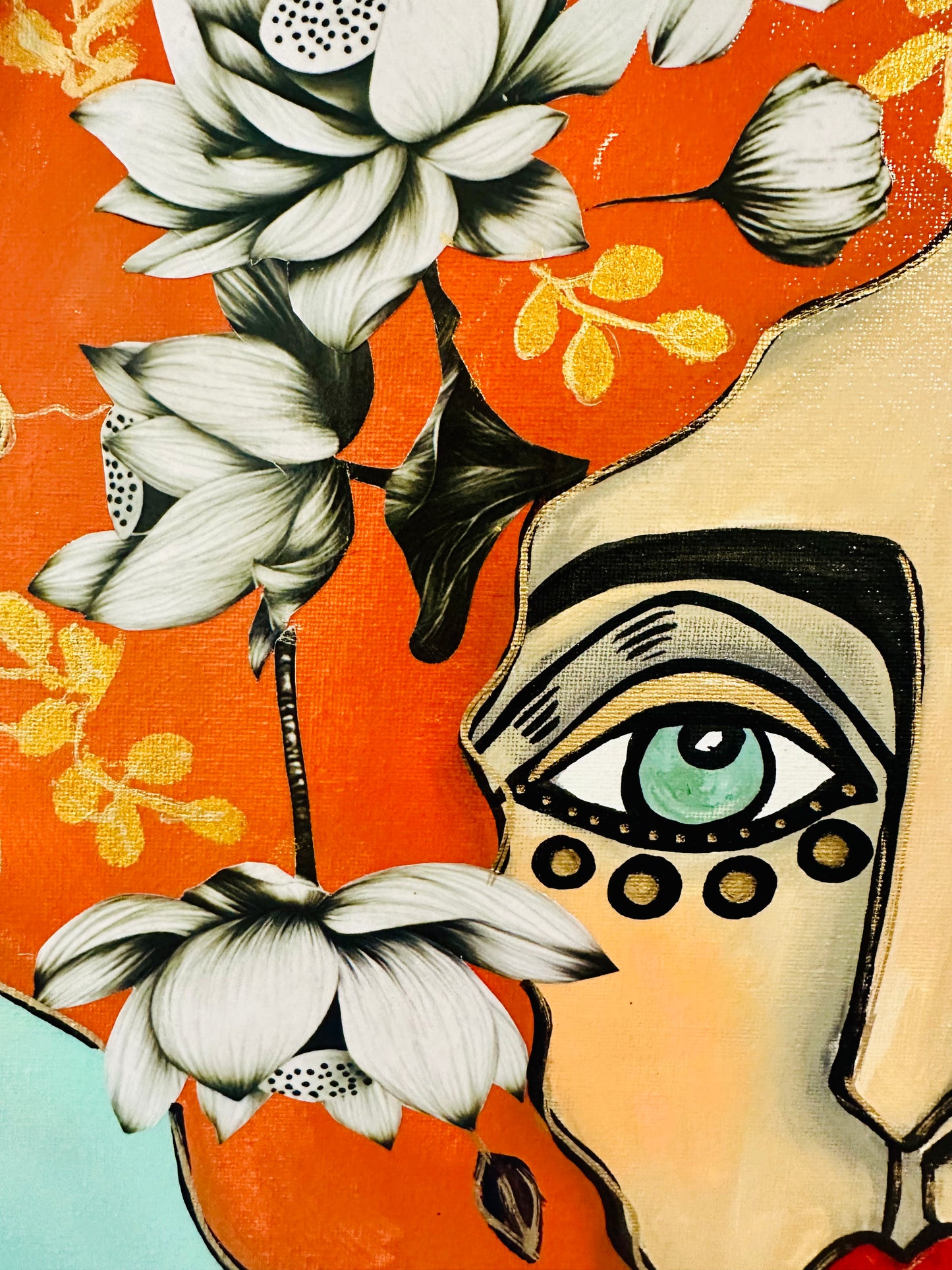 Original painting on canvas board-in Unique oval frame-23x31” Portrait-w/ mixed media botanical collage.