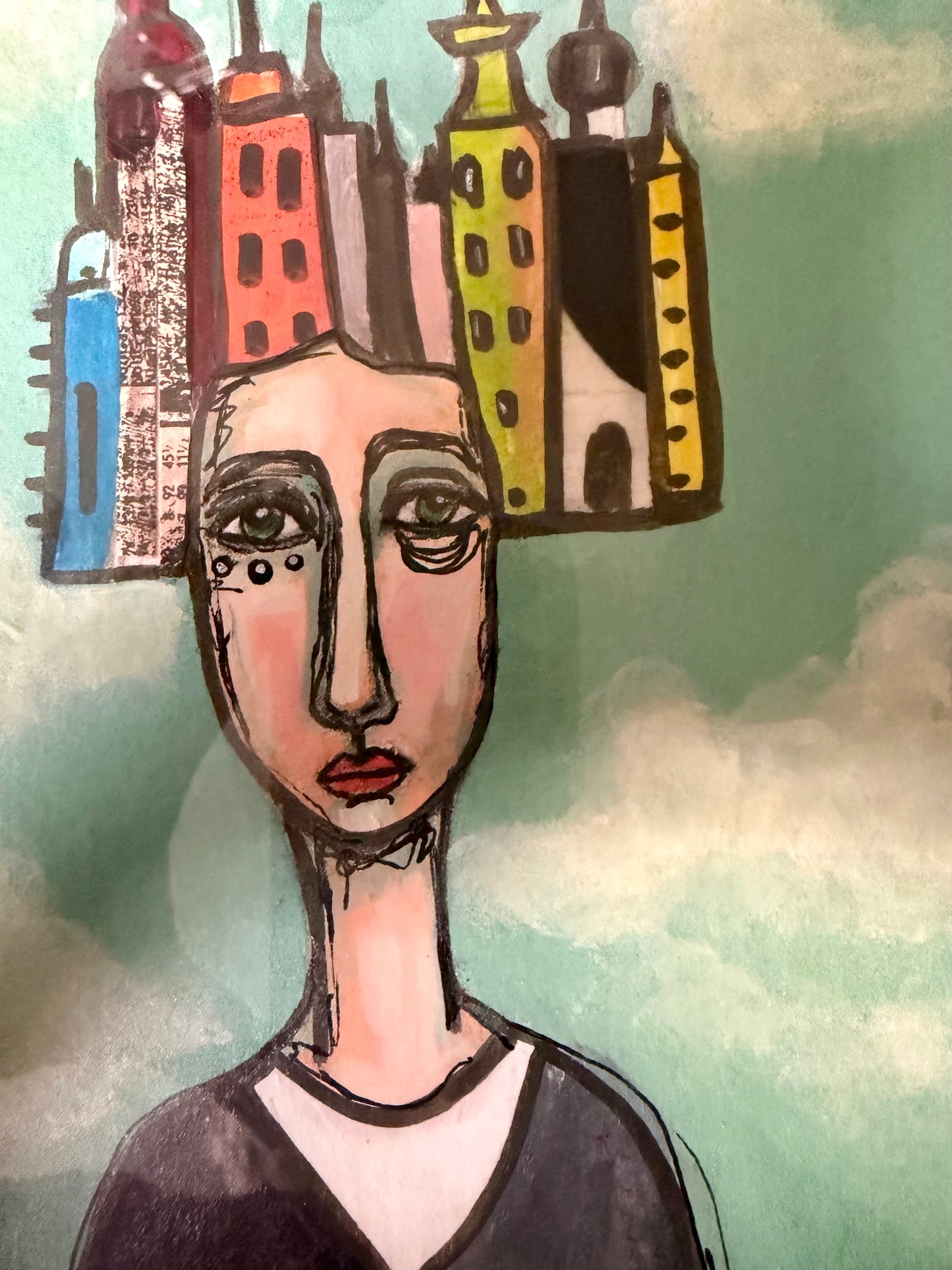 Original,signed painting/mixed media collage portrait on board in black frame, 10x12
