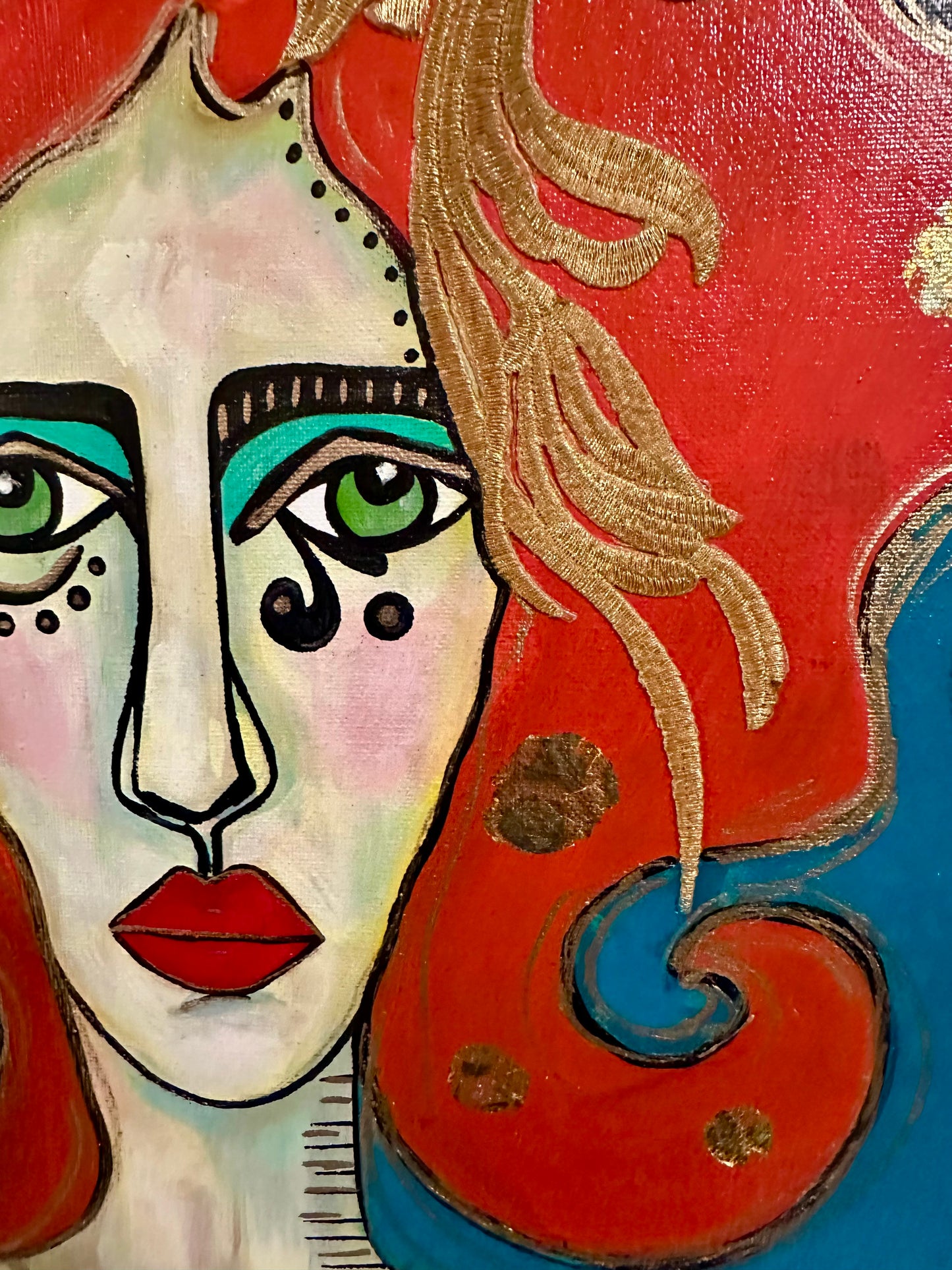 Original painting on canvas board in ornate vintage gold frame 21x25 *Abstract Portrait w/collage