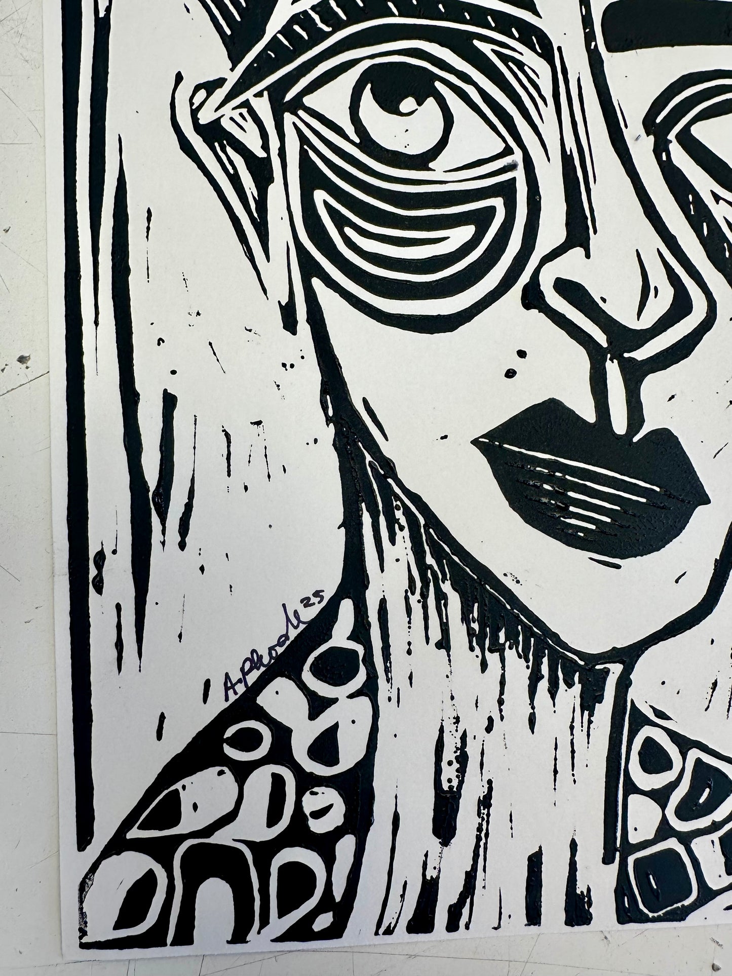 Original, hand-carved & pulled linocut block print - Unframed, 8x10 - Abstract Portrait.