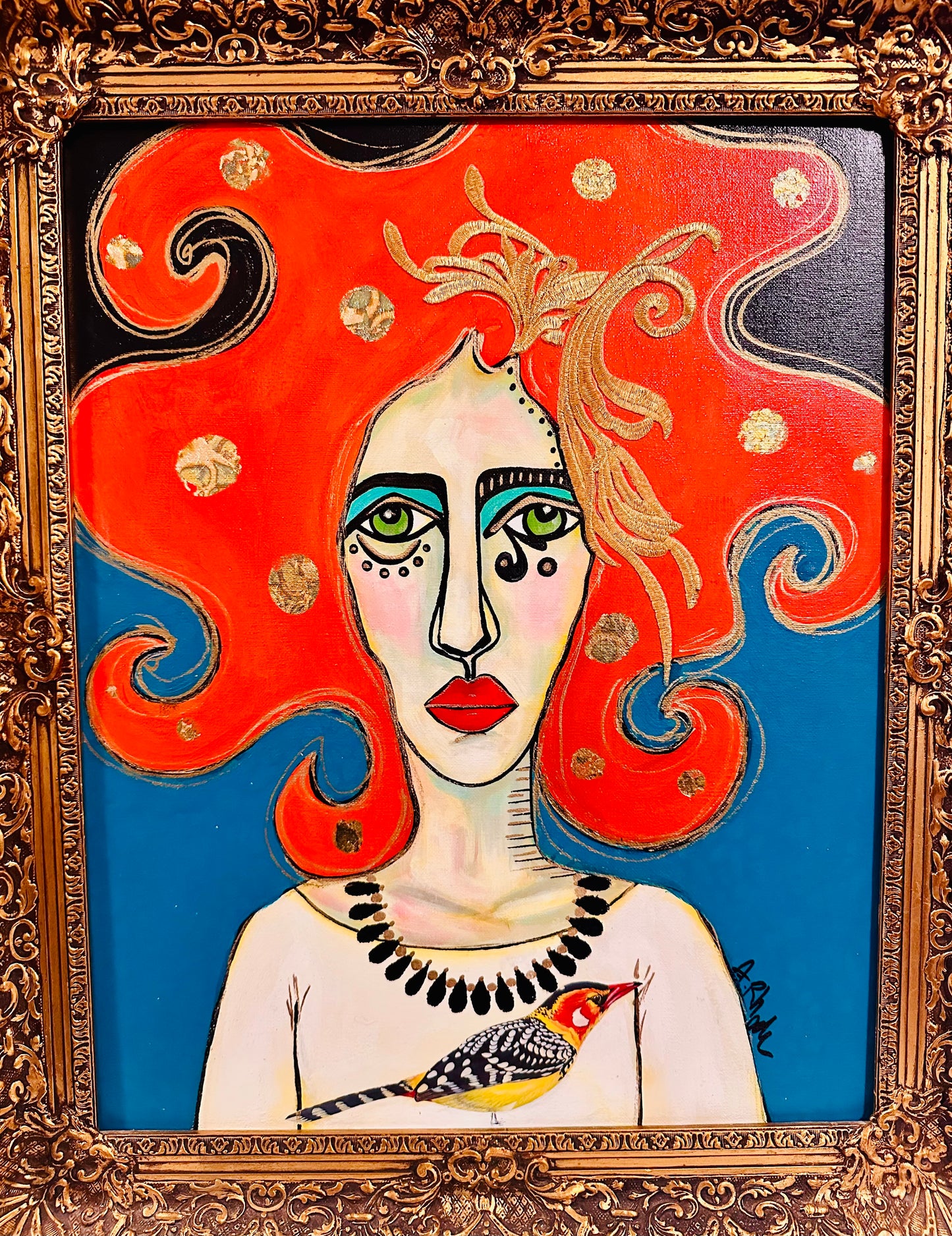 Original painting on canvas board in ornate vintage gold frame 21x25 *Abstract Portrait w/collage