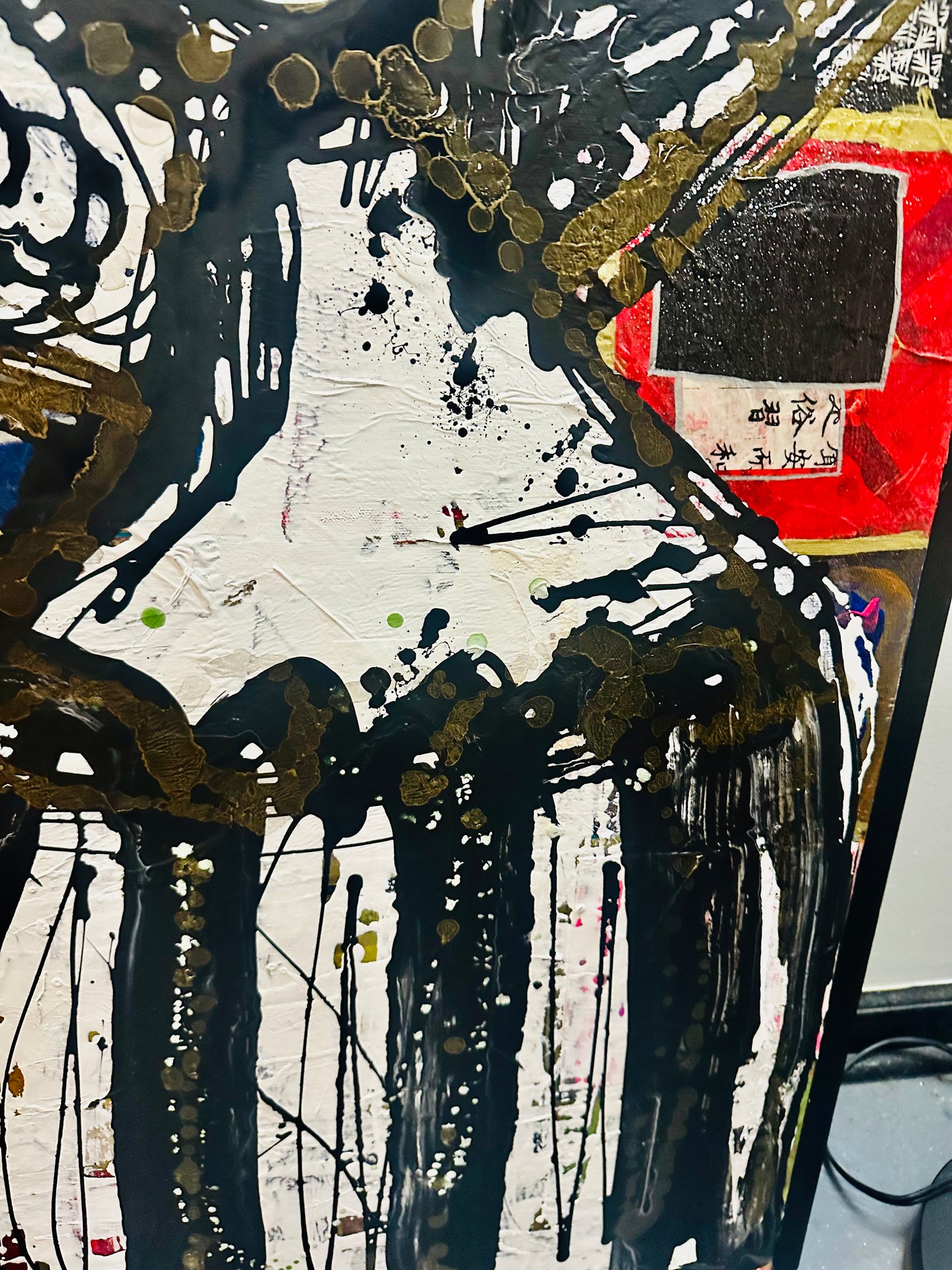Tall, 26x50” Original painting on canvas w/black wood frame. Abstract,splatter w/gold ink,contour portrait-Large