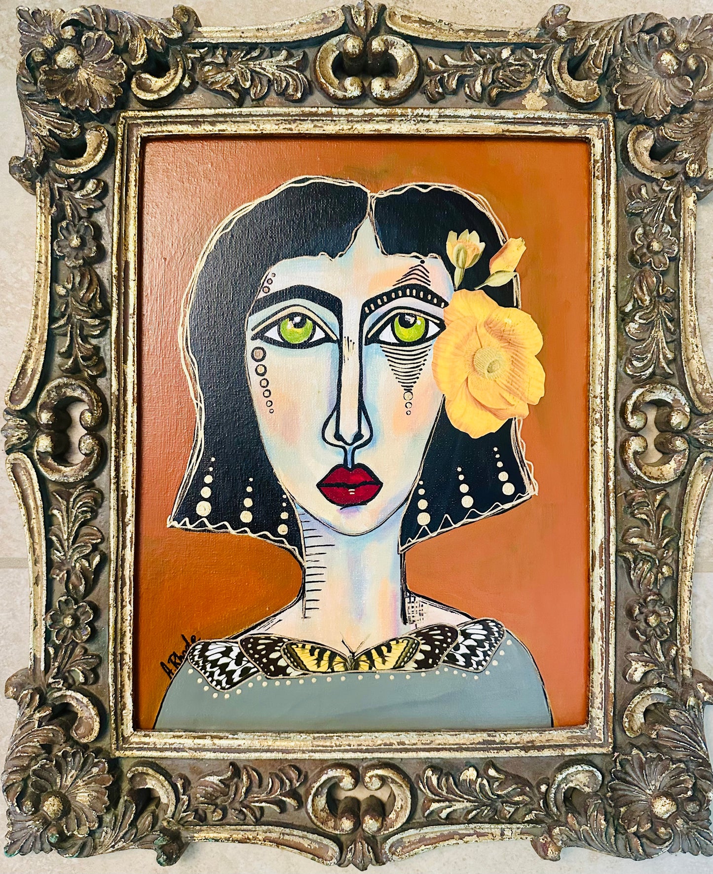 Original painting on canvas board-Ornate frame, 16x19-Abstract Portrait-w/ mixed media collage