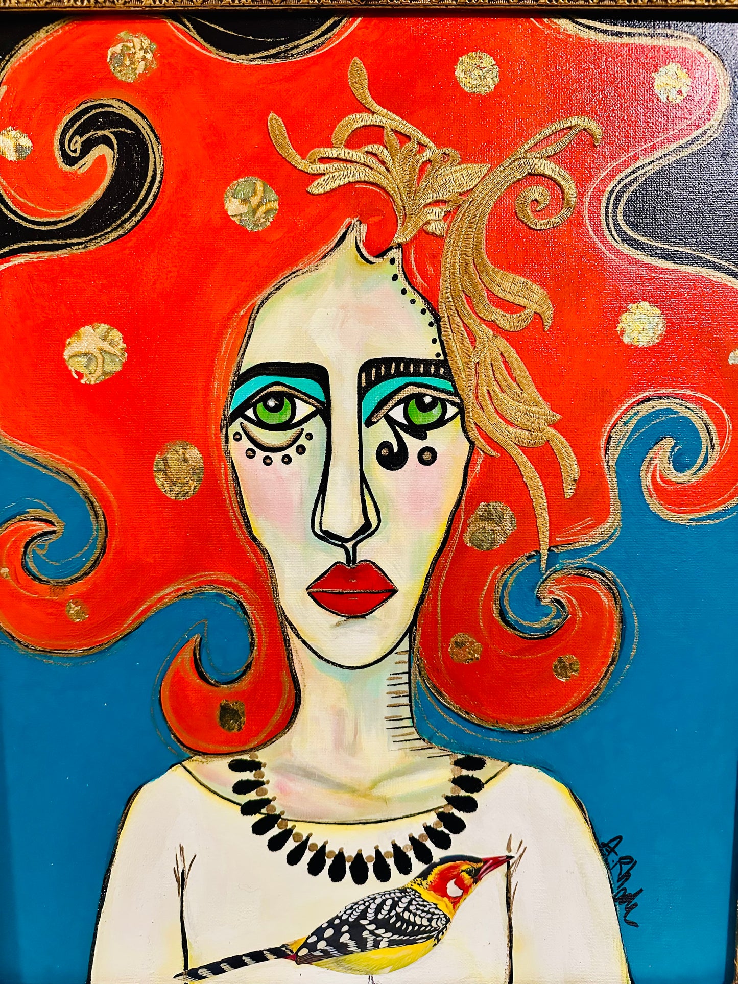 Original painting on canvas board in ornate vintage gold frame 21x25 *Abstract Portrait w/collage