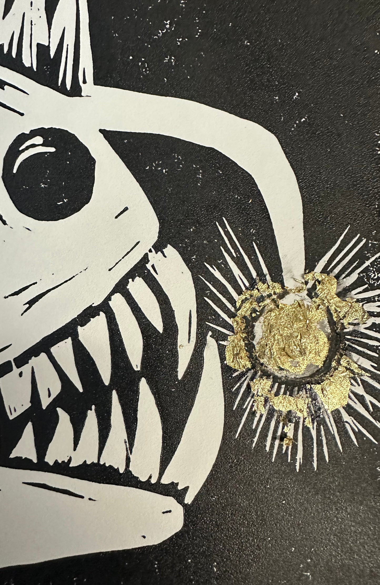 Original, hand-carved & pulled linocut block print - Unframed, 8x10 - Anglerfish w/ gold leaf.