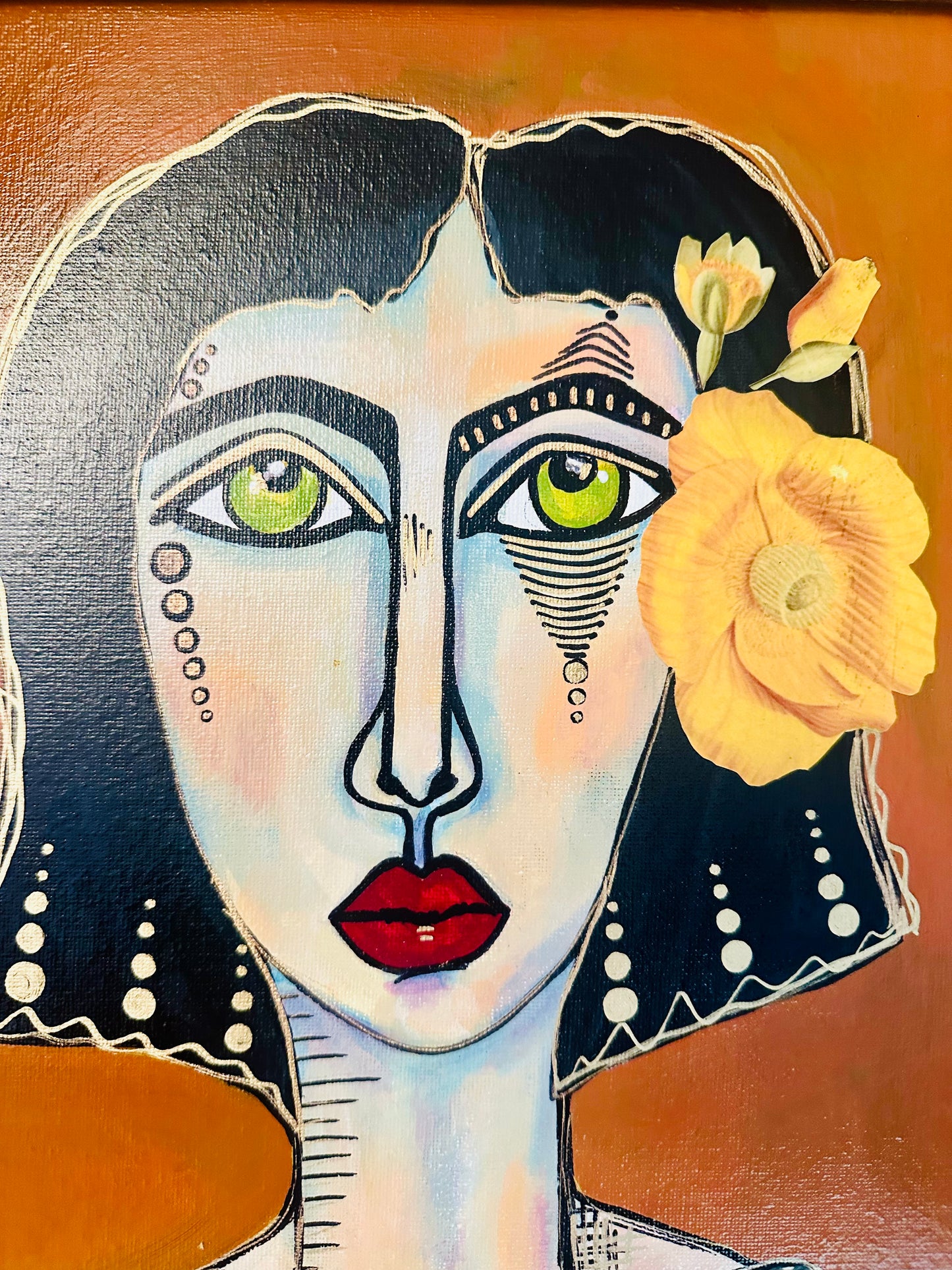 Original painting on canvas board-Ornate frame, 16x19-Abstract Portrait-w/ mixed media collage