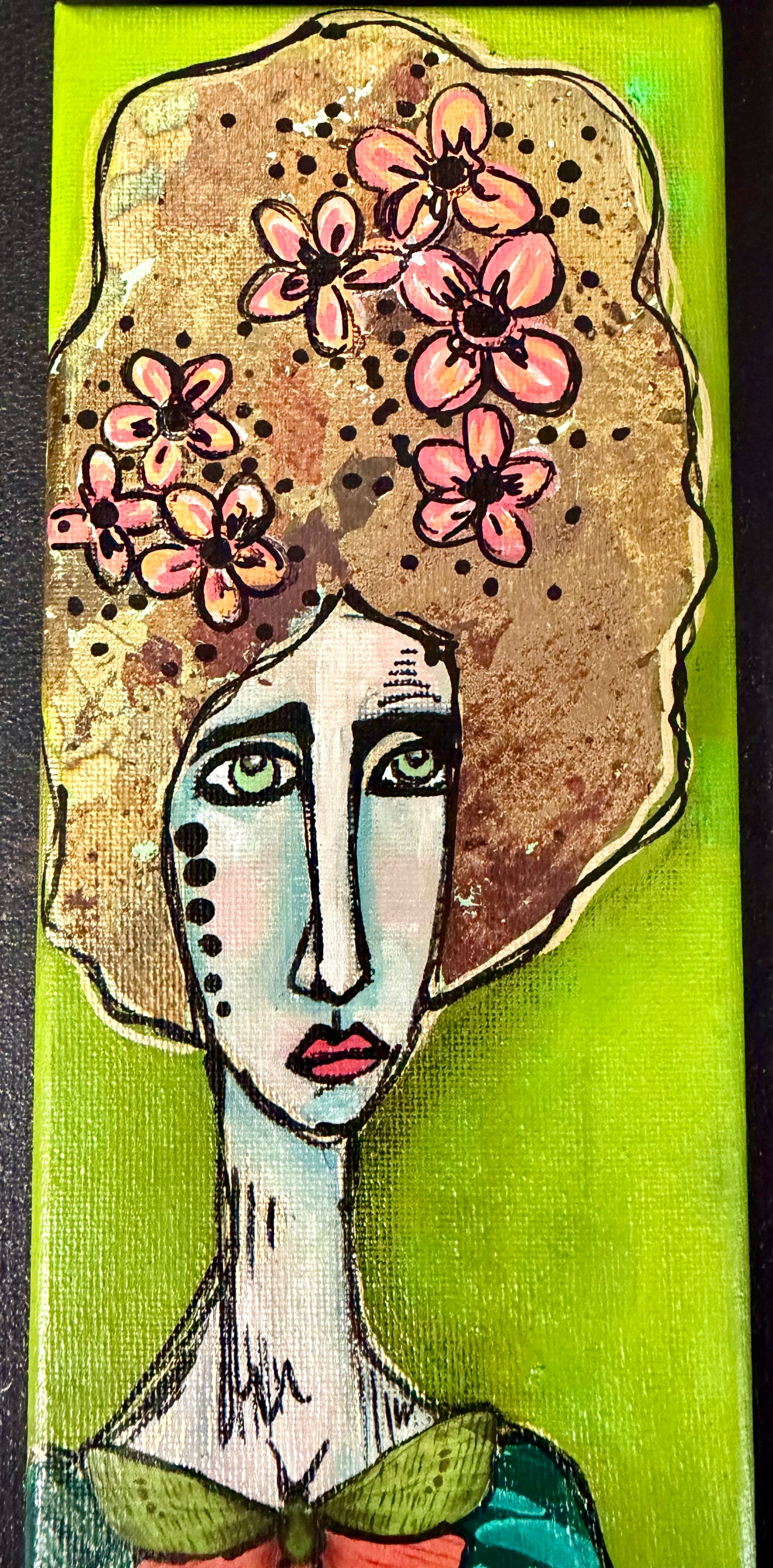Original, signed mini /slender painting on canvas Abstract portrait w/mixed media 4x12”