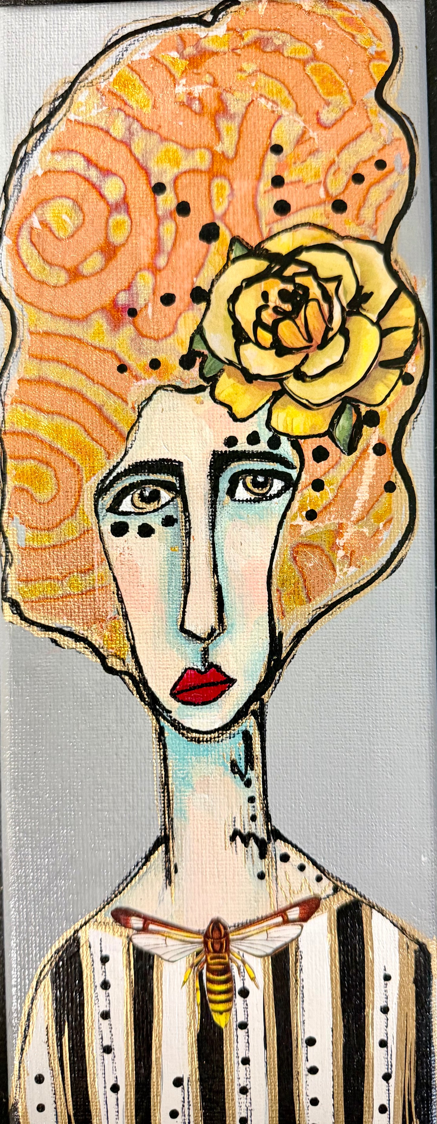 Original, signed mini /slender painting on canvas Abstract portrait w/mixed media 4x12”