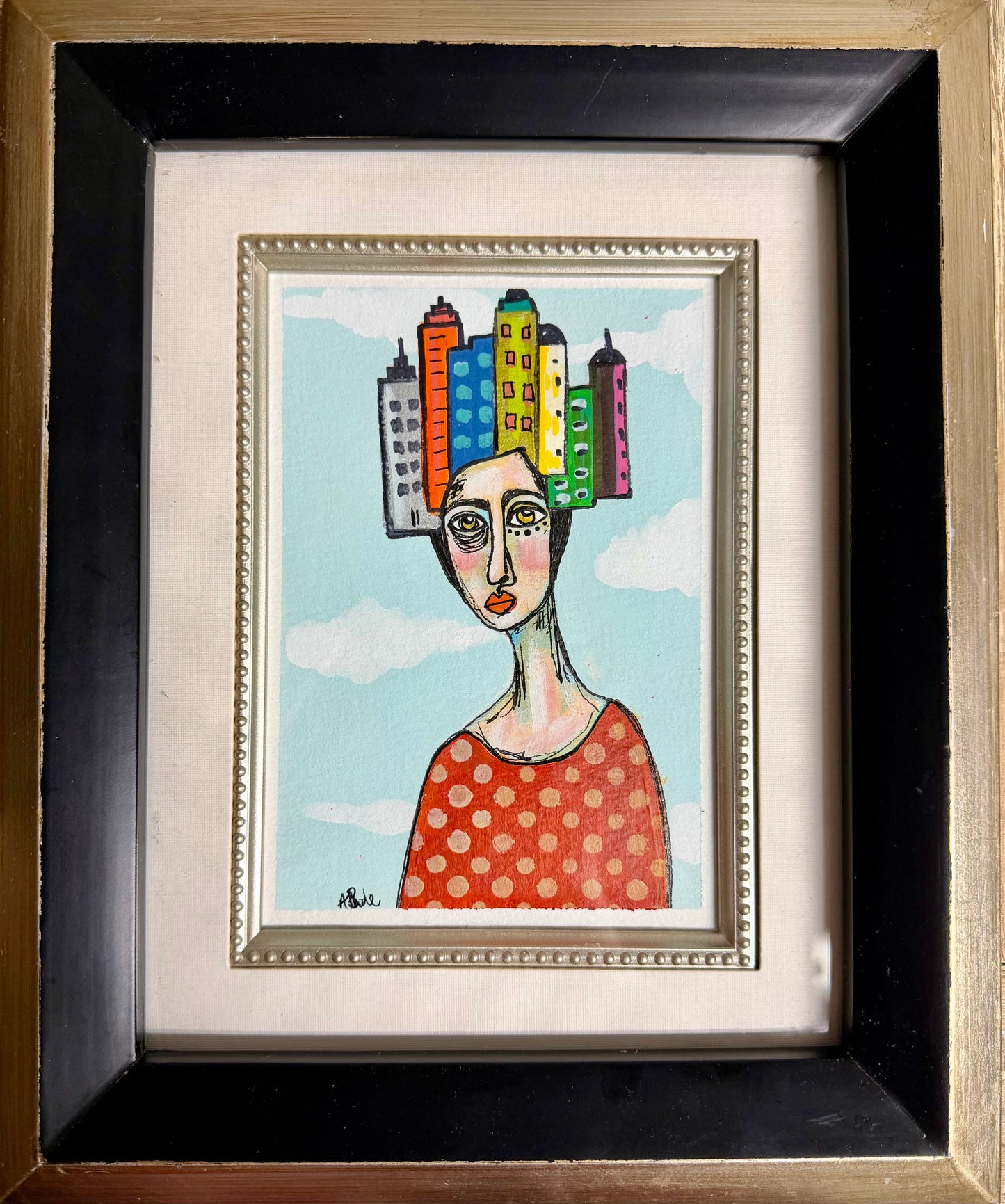 Original,signed painting/mixed media collage portrait on heavyweight archival paper in frame 10x12