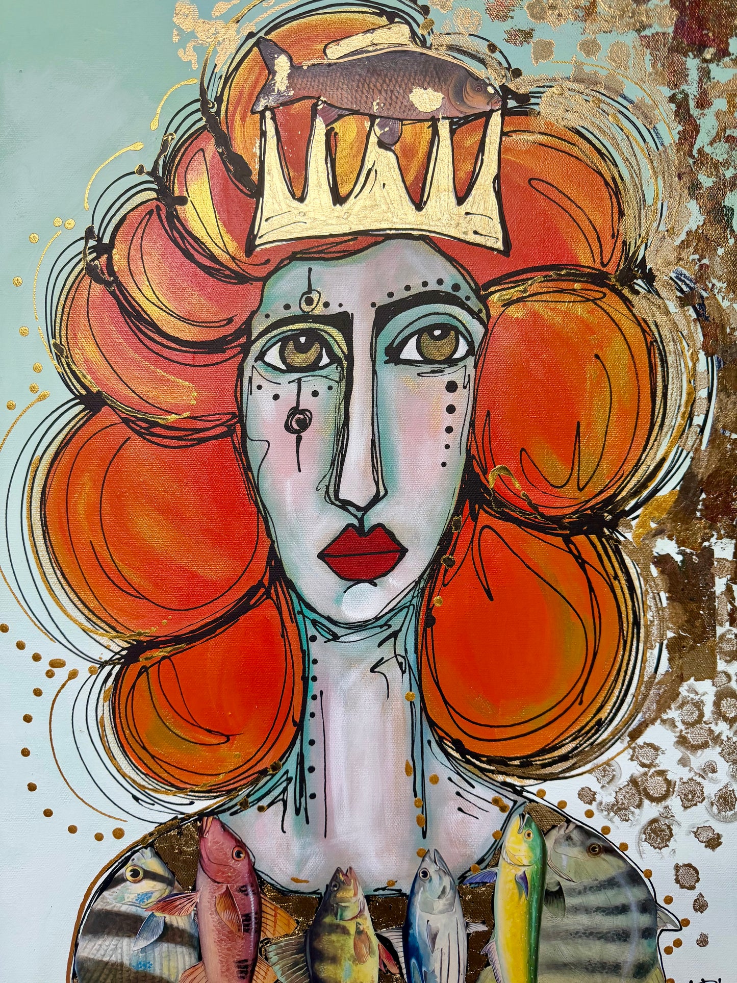 Original, signed painting-20x24”painted, wide edge canvas: “Upstream” Abstract portrait with mixed media collage