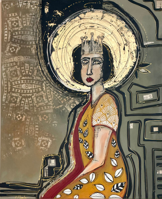 48x60” Original signed painting-wide gallery edge canvas Abstract contour queen portrait w/ mixed media