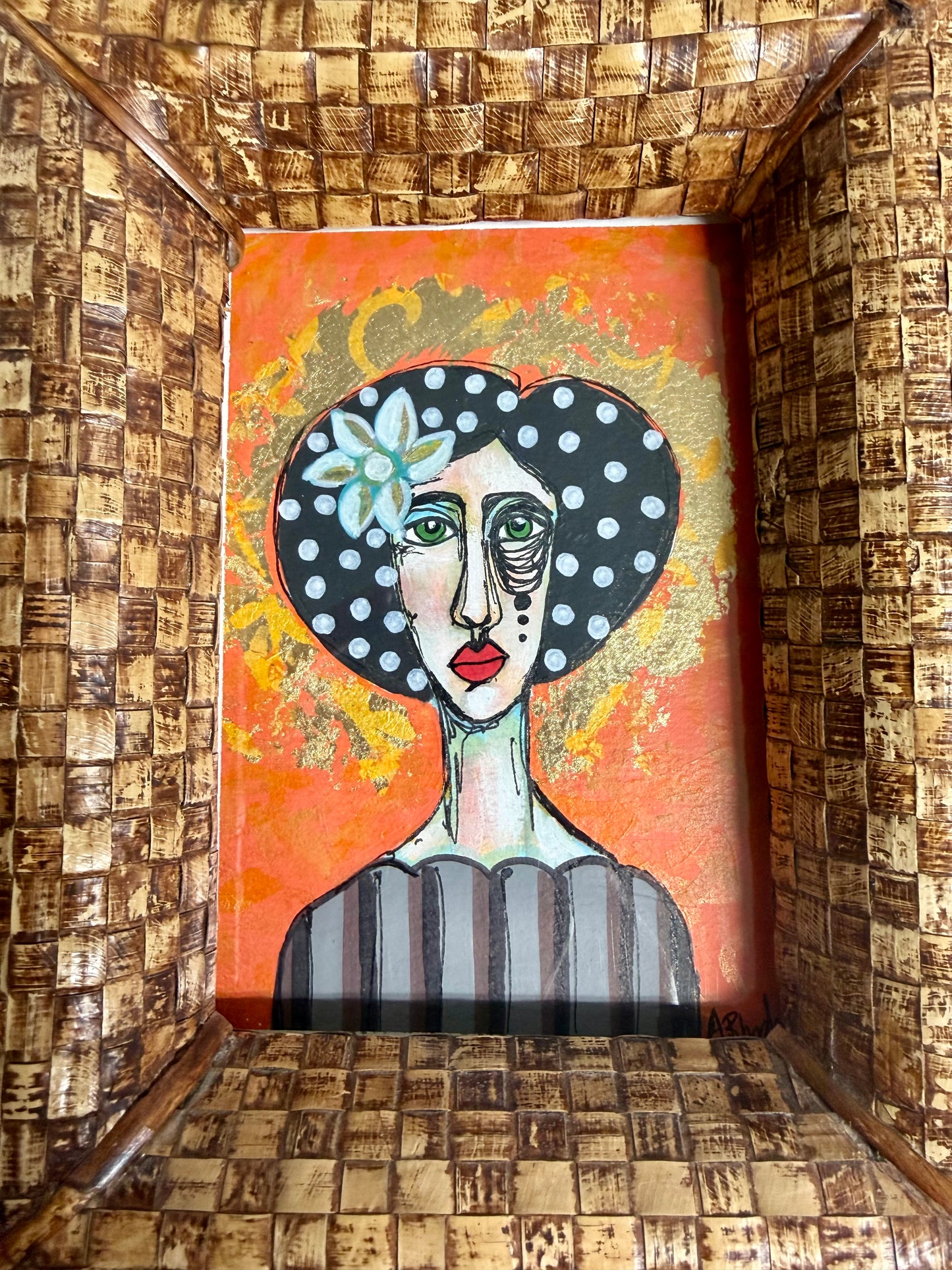 Original,signed painting/mixed media collage portrait on heavyweight archival paper in rattan frame 8x10