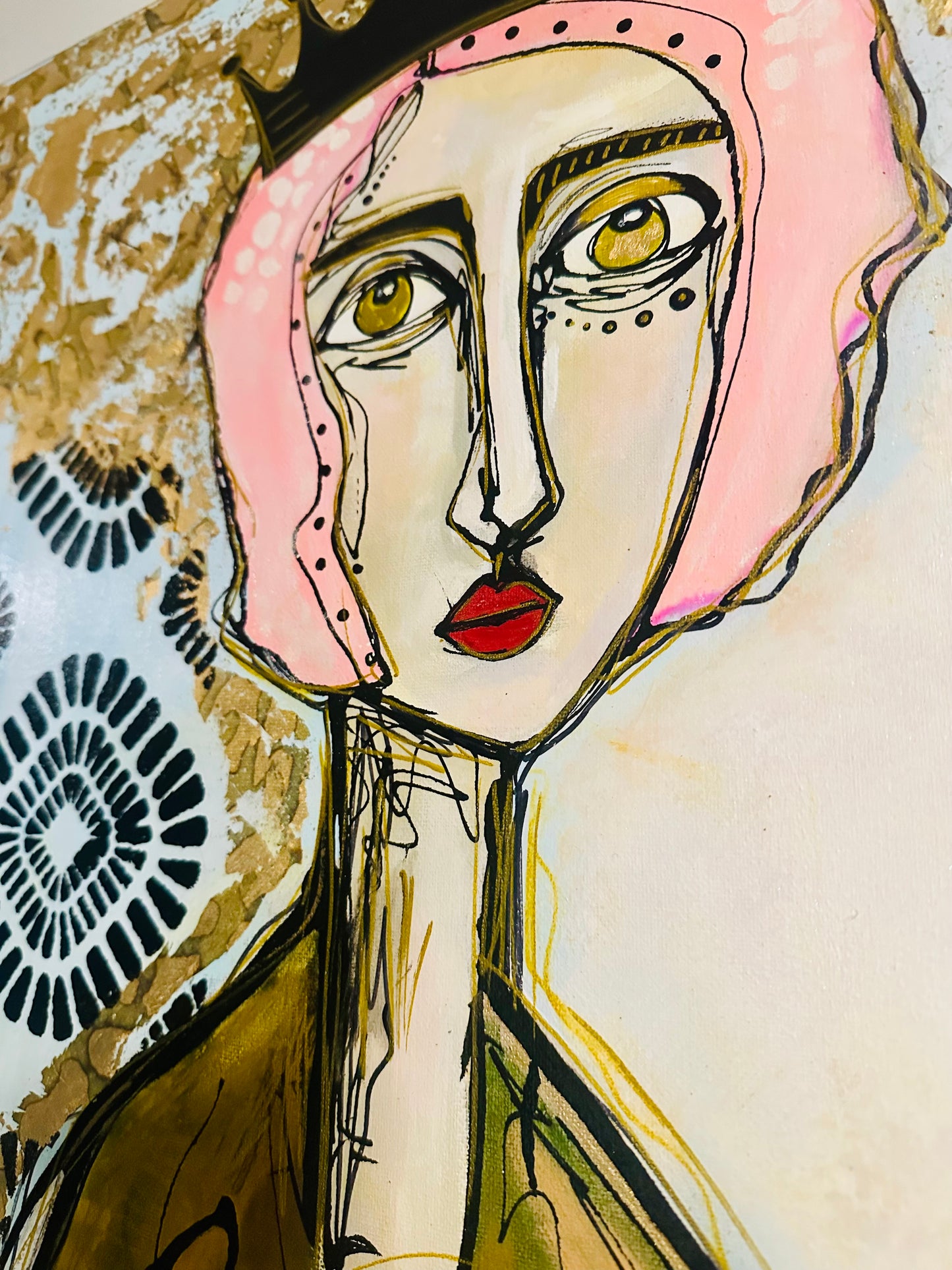 Original, signed painting-24x48”- black edge canvas: Abstract portrait w/ mixed media - ‘Black Crown’