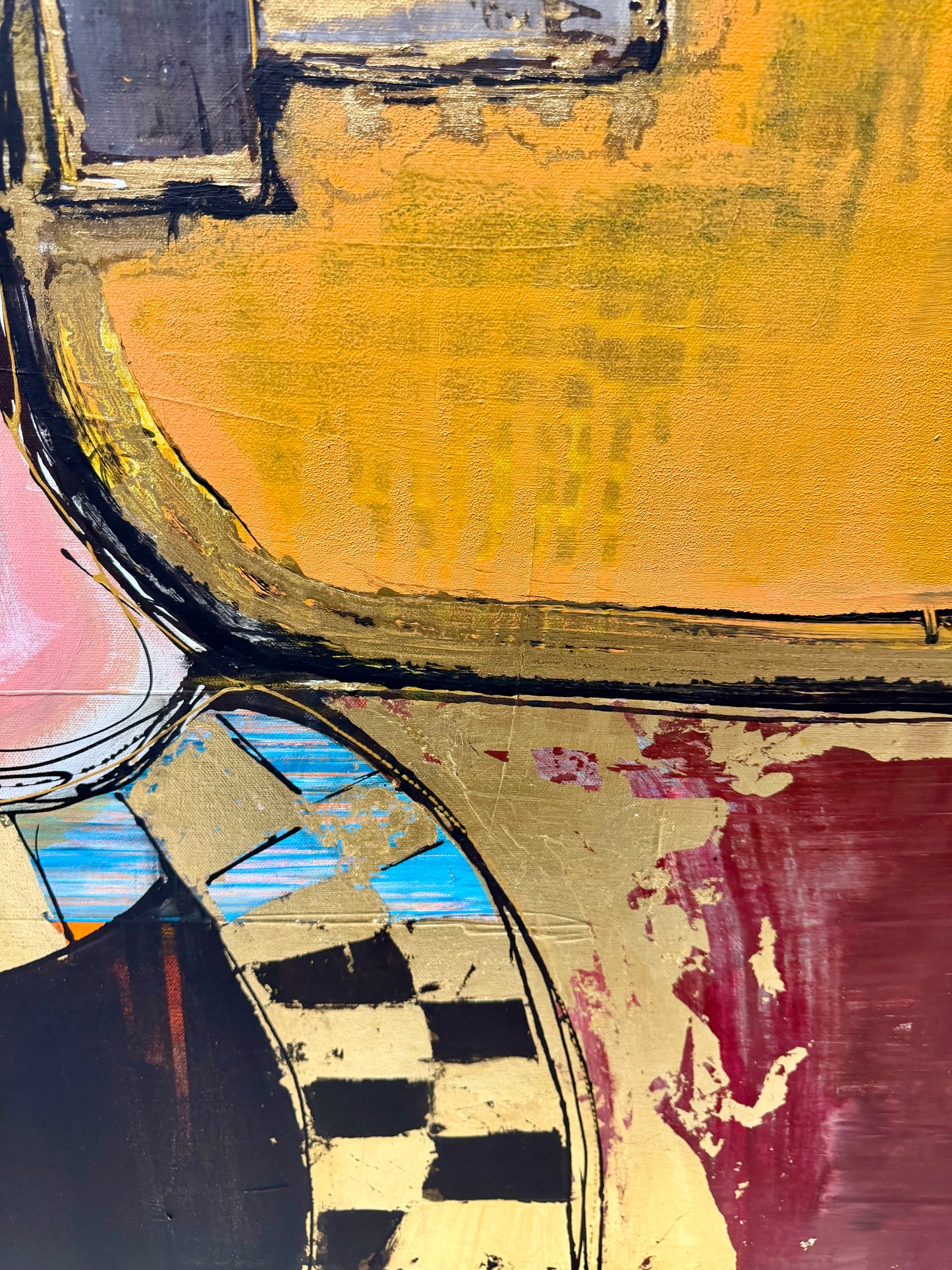 36x48 Original signed painting-wide gallery edge canvas Abstract portrait, acrylic w/mixed media collage & painted edge