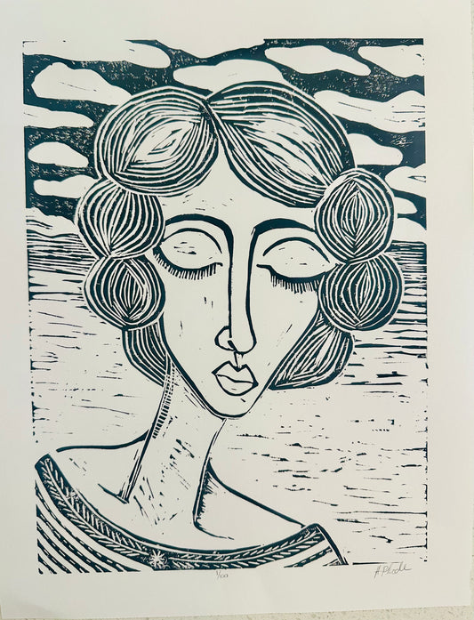 Original, hand-carved & pulled linocut block print - Unframed, 11x14 print or 13x16 framed - “Bea”Abstract  Portrait.