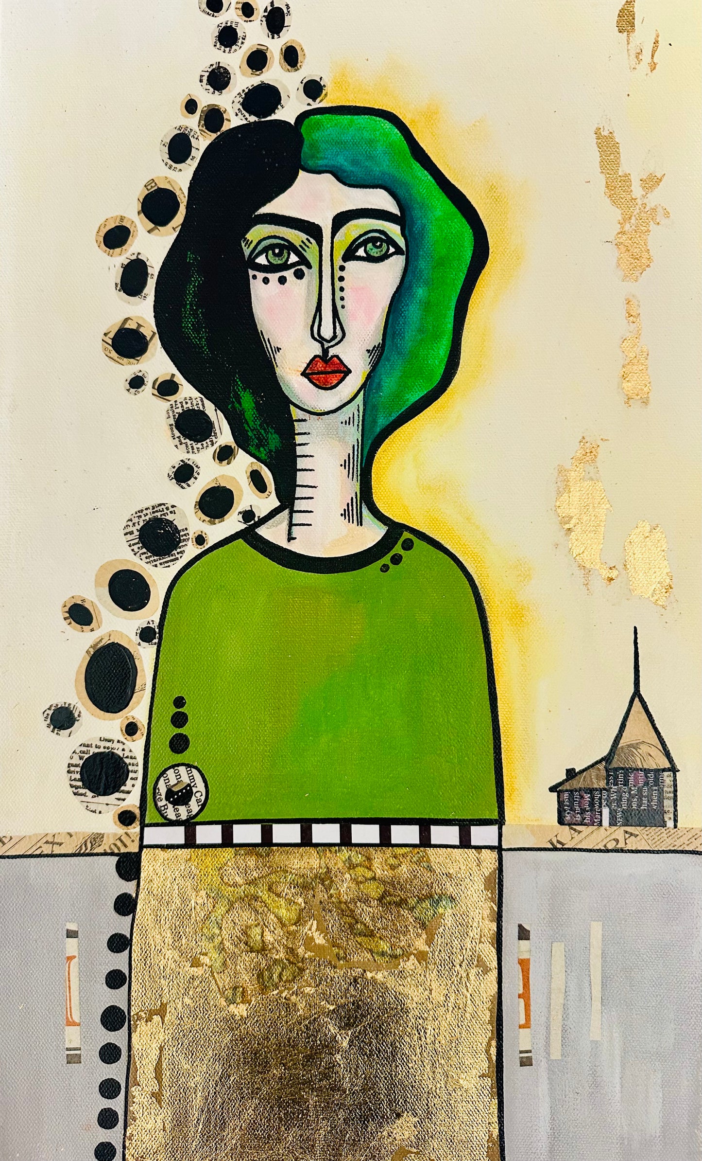 Original, signed painting-12x24” wide collage edge canvas: Abstract portrait w/ mixed media