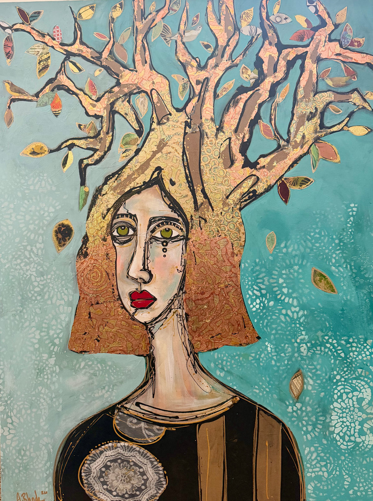 36x48 Original signed painting-wide gallery edge canvas Abstract portrait, acrylic w/mixed media collage
