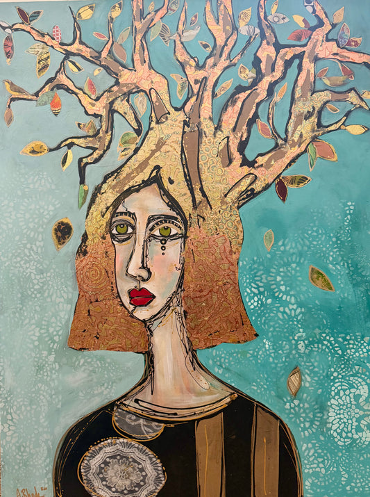 36x48 Original signed painting-wide gallery edge canvas Abstract portrait, acrylic w/mixed media collage