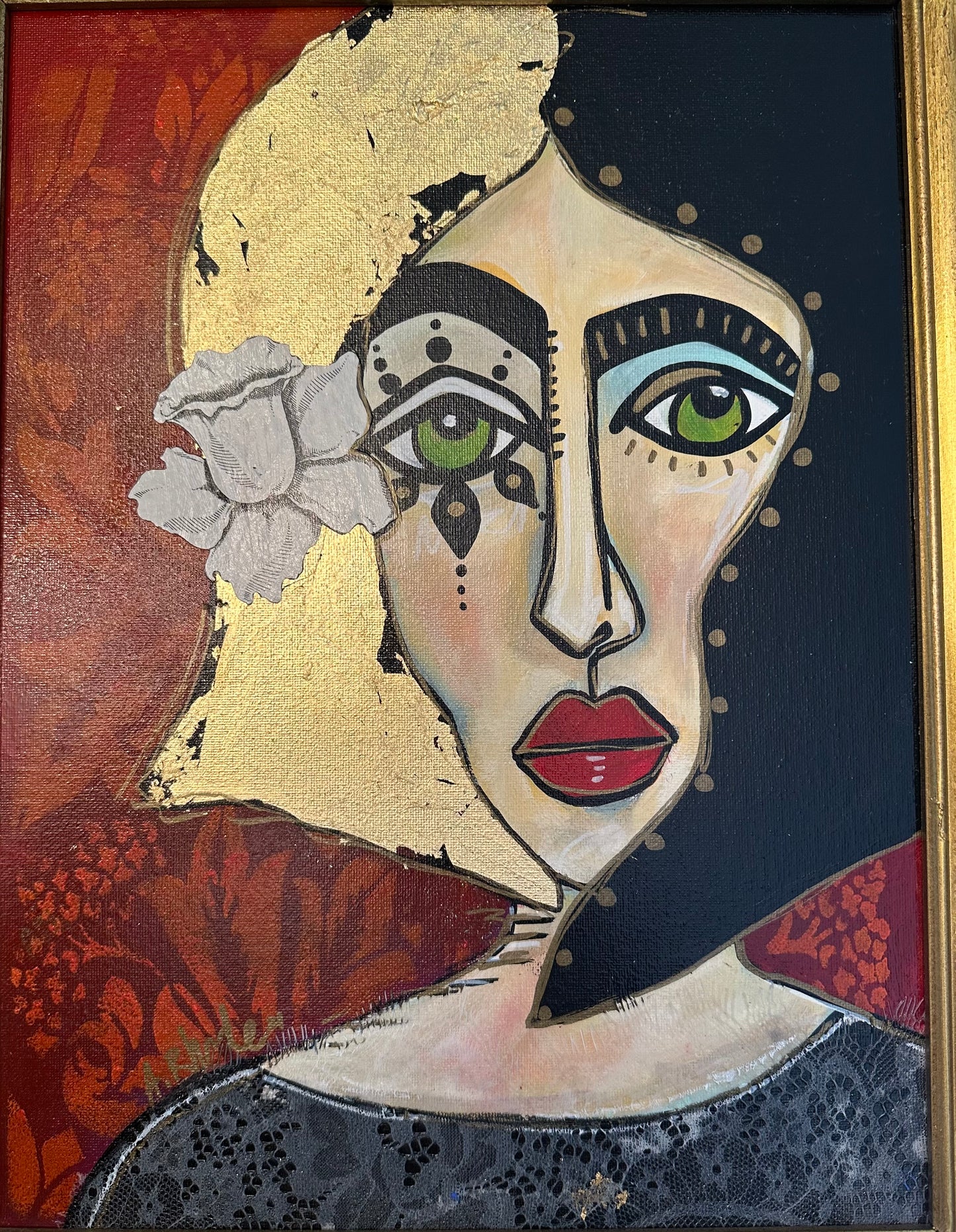 Original painting on canvas board w/ ornate frame 17x21”Abstract Portrait w/ mixed media collage/gold leaf