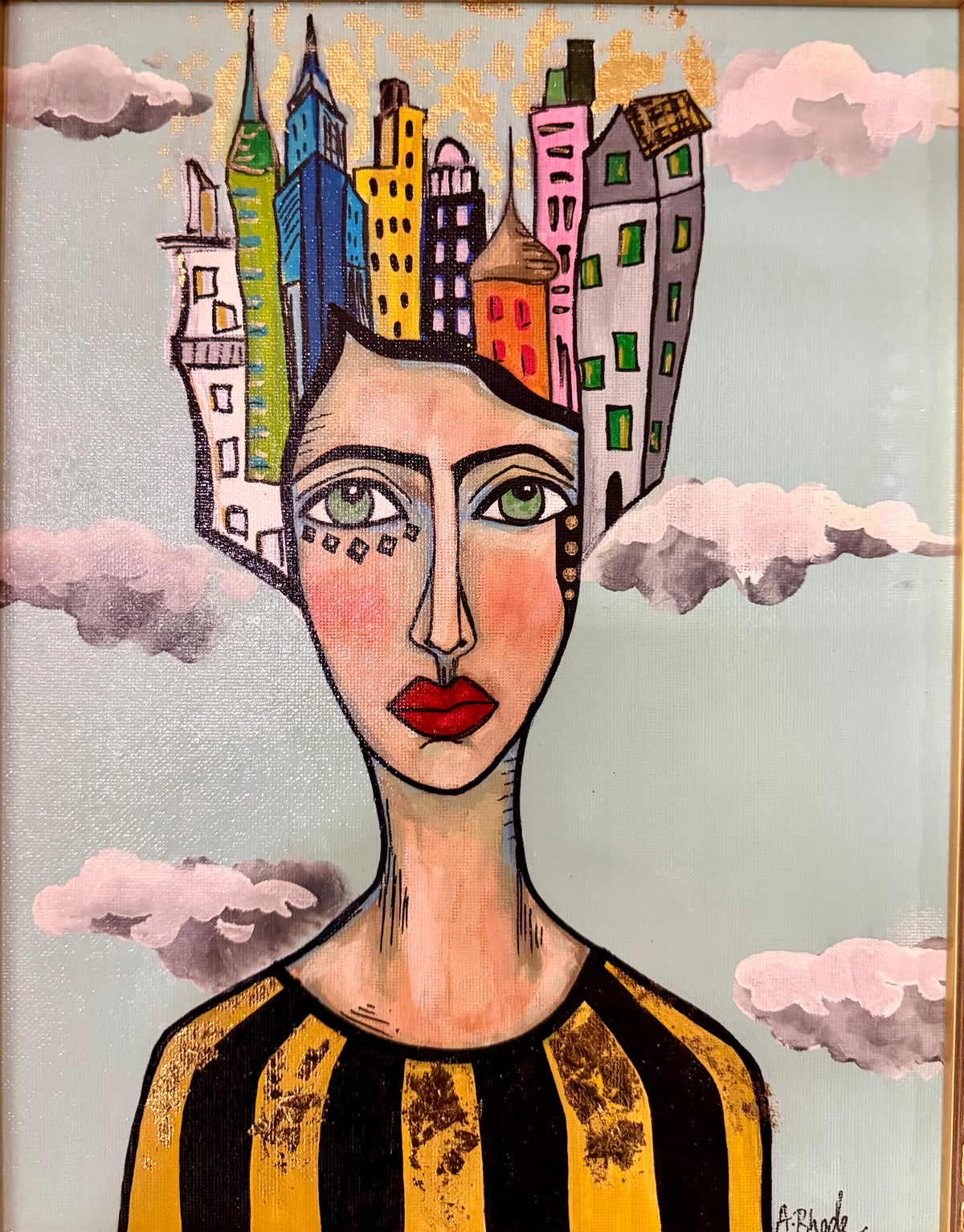 Original,signed painting-mixed media portrait on canvas in gold frame 14x17