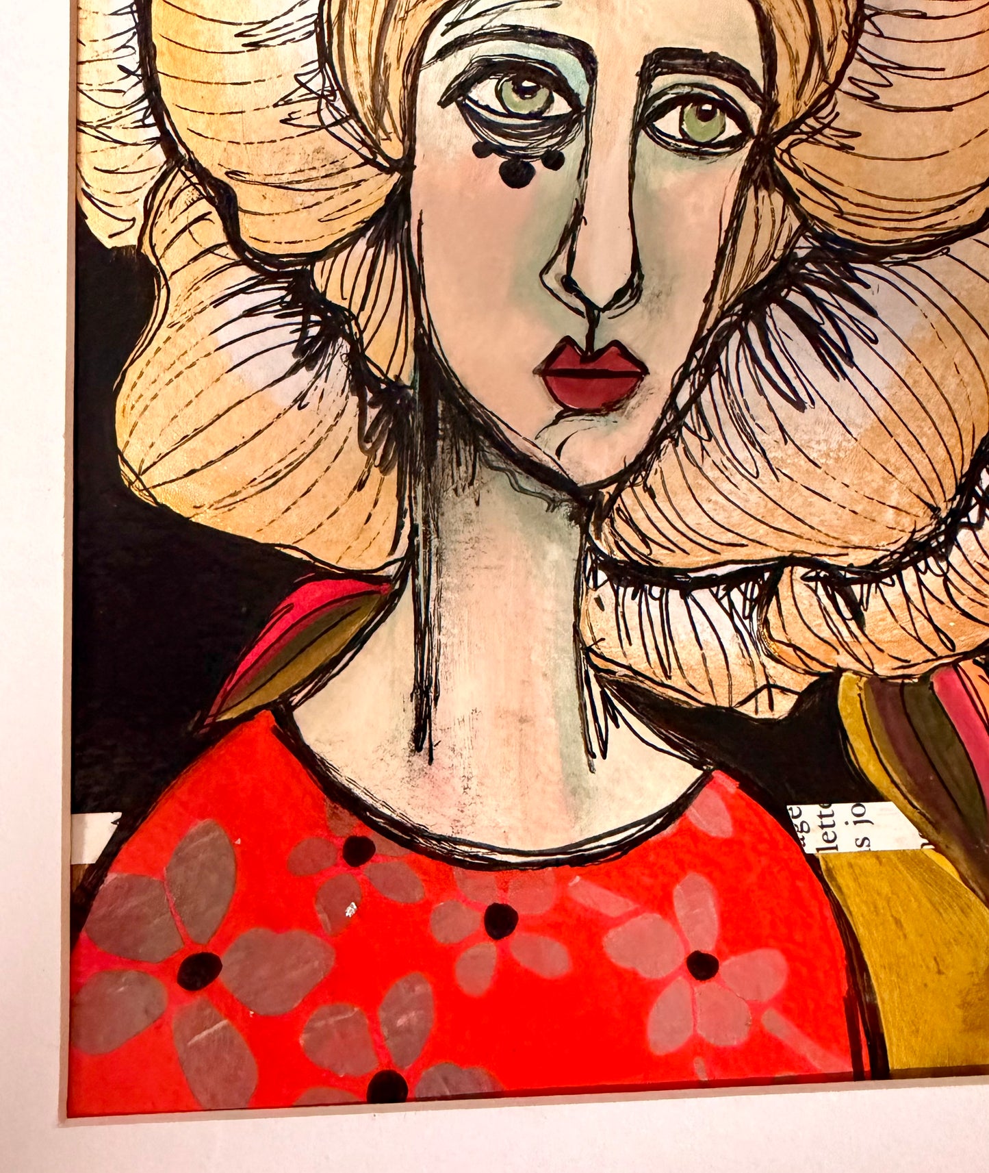 Original,signed painting/mixed media collage in black frame, 12x15” flower girl portrait.