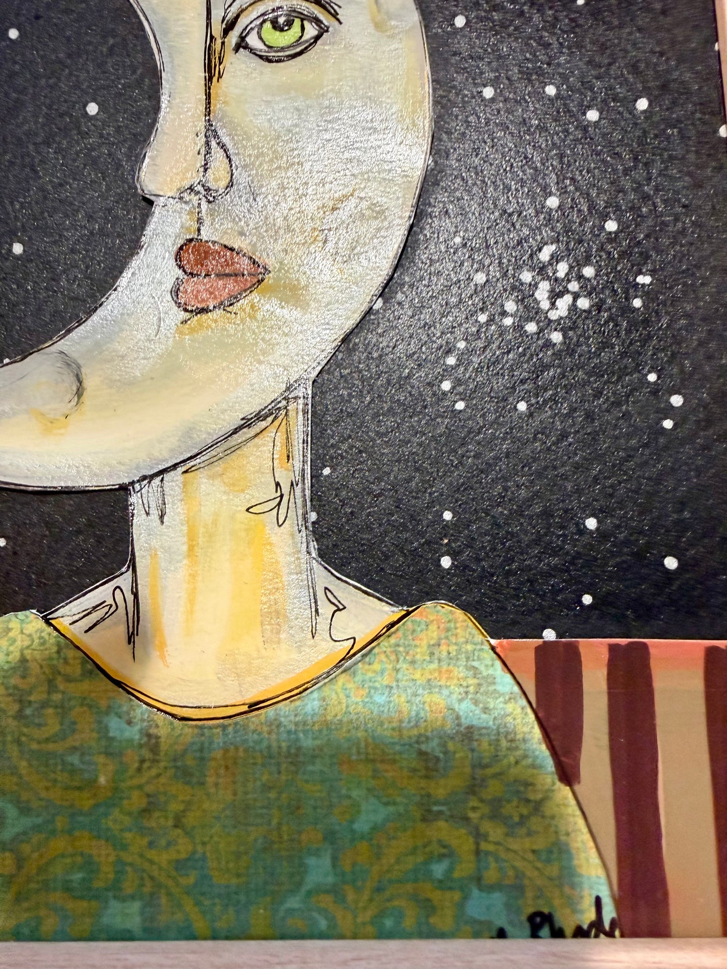 Original,signed small painting/mixed media collage portrait on board in simple frame 9x11 (Copy)