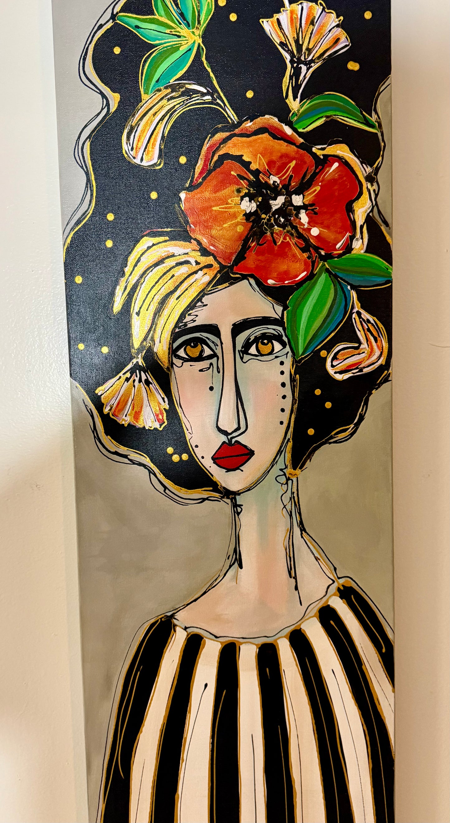 Original, signed painting-12x36” painted edge canvas: Abstract portrait with mixed media