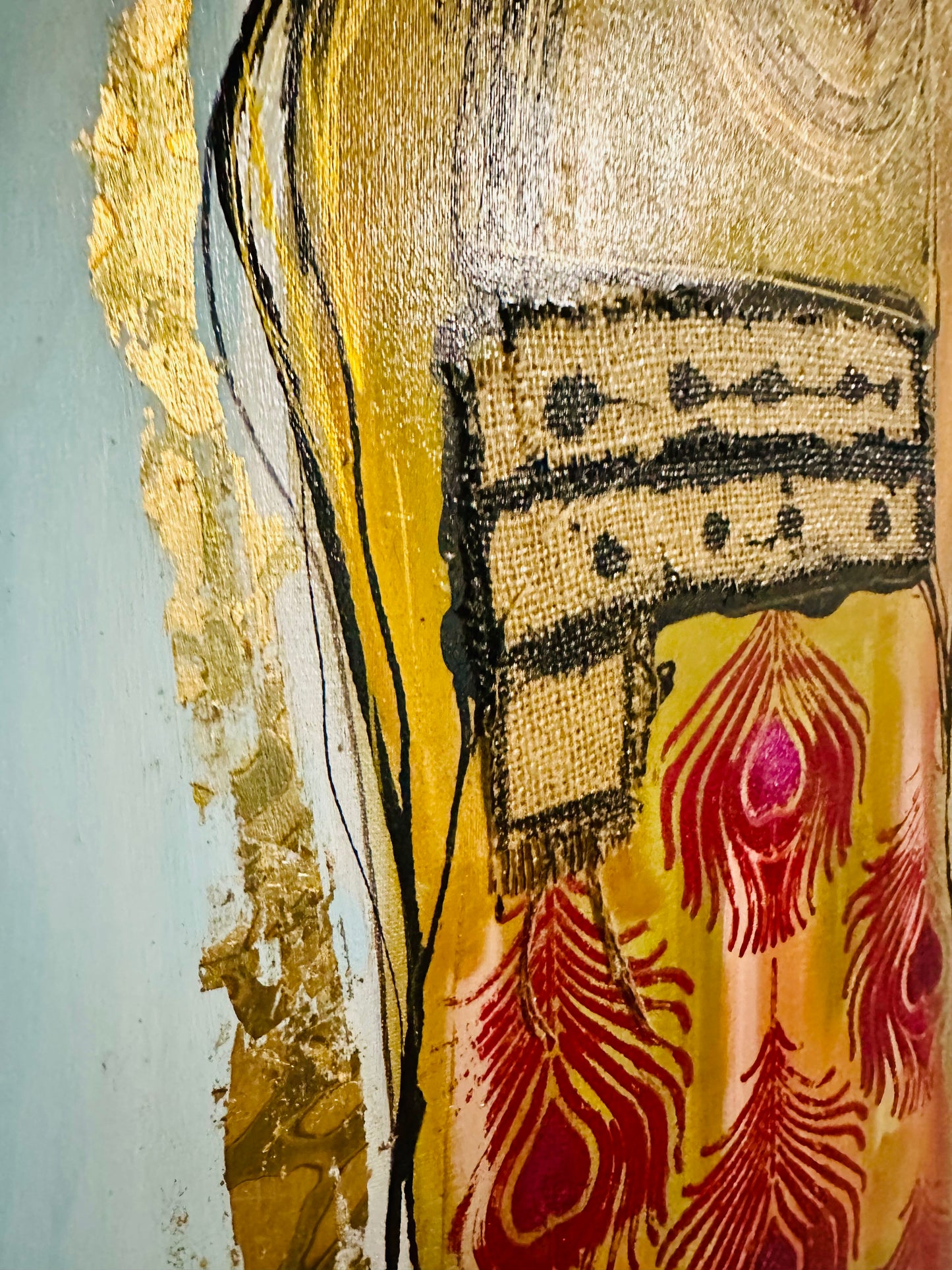 Original, signed painting-24x48”- black edge canvas: Abstract portrait w/ mixed media - ‘Black Crown’