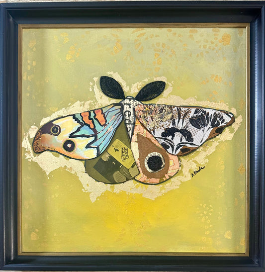 Original Mixed Media and Hand-Painted & collaged Moth on canvas board in vintage frame 18x18”