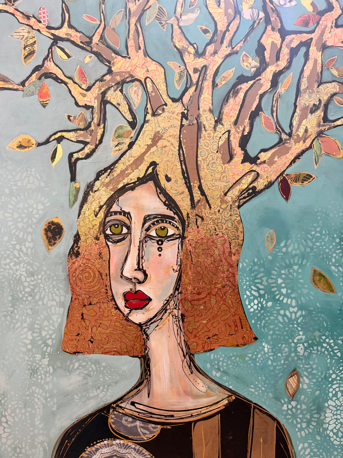 36x48 Original signed painting-wide gallery edge canvas Abstract portrait, acrylic w/mixed media collage